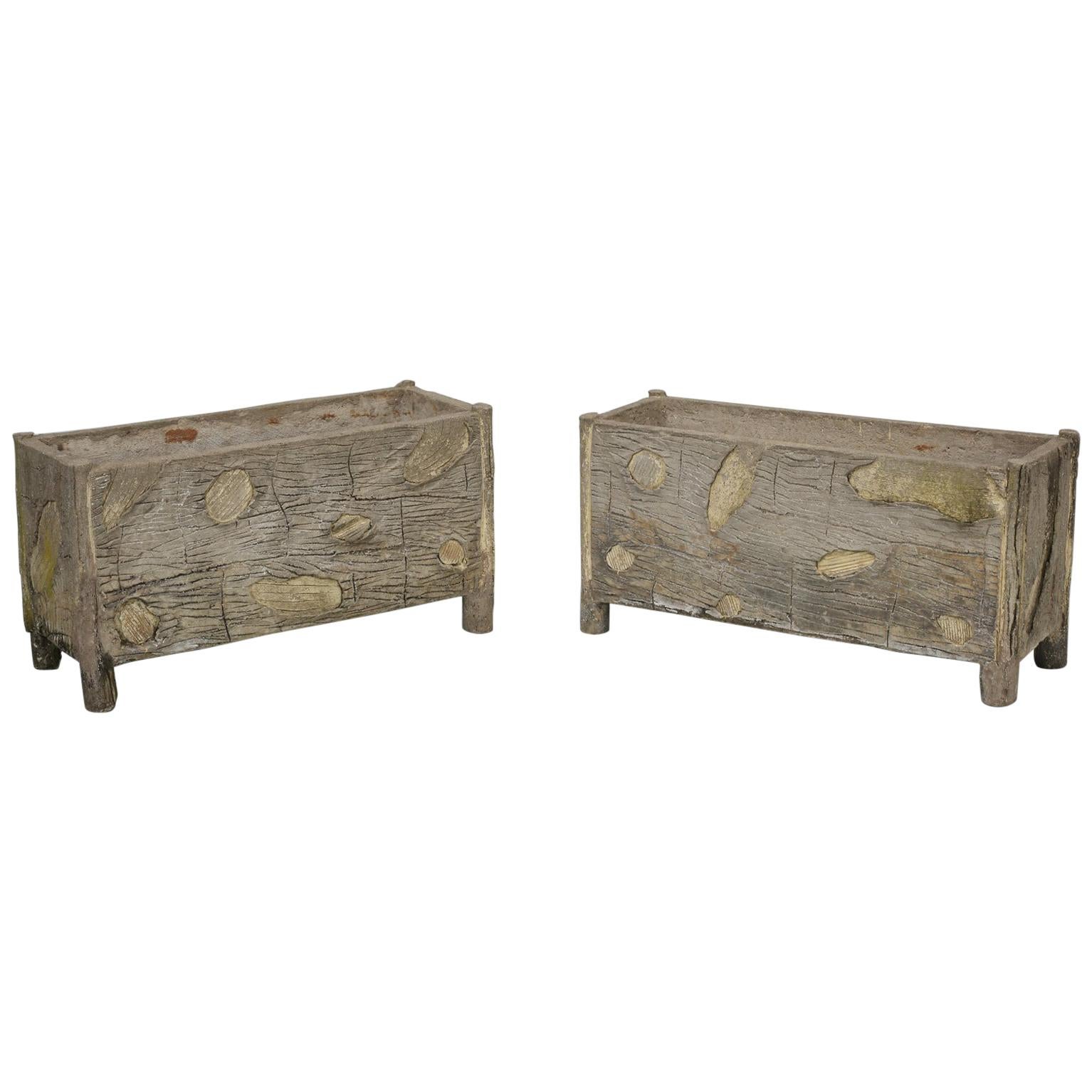 Rare Pair of Vintage French Garden Faux Bois Troughs or Planters