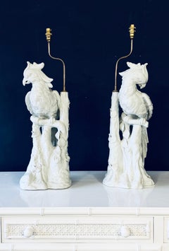 Rare Pair Of Vintage Italian Ceramic Parrot Table Lamps