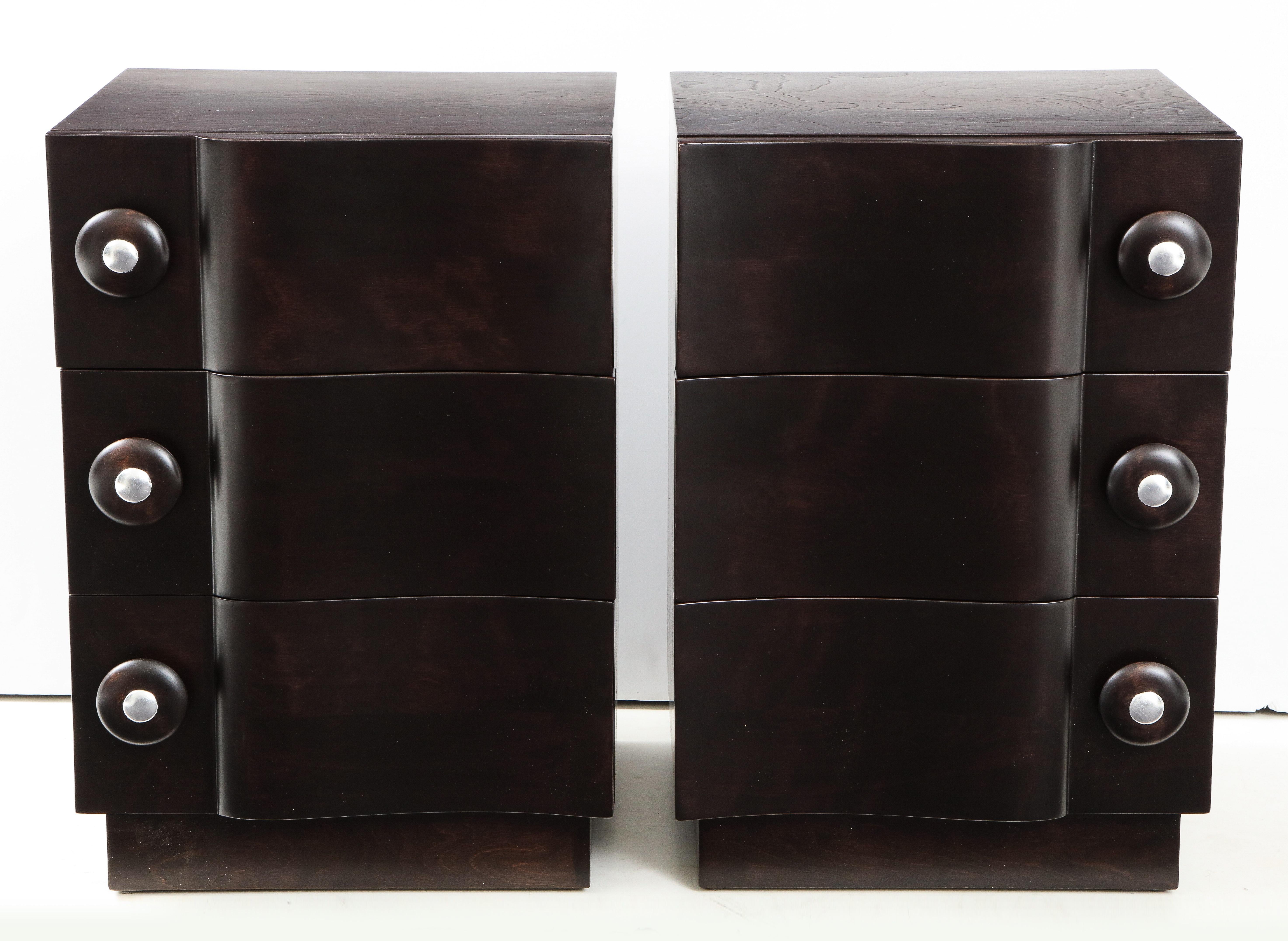 American Rare Pair of Wave Front Cabinets / Nightstands by James Mont For Sale