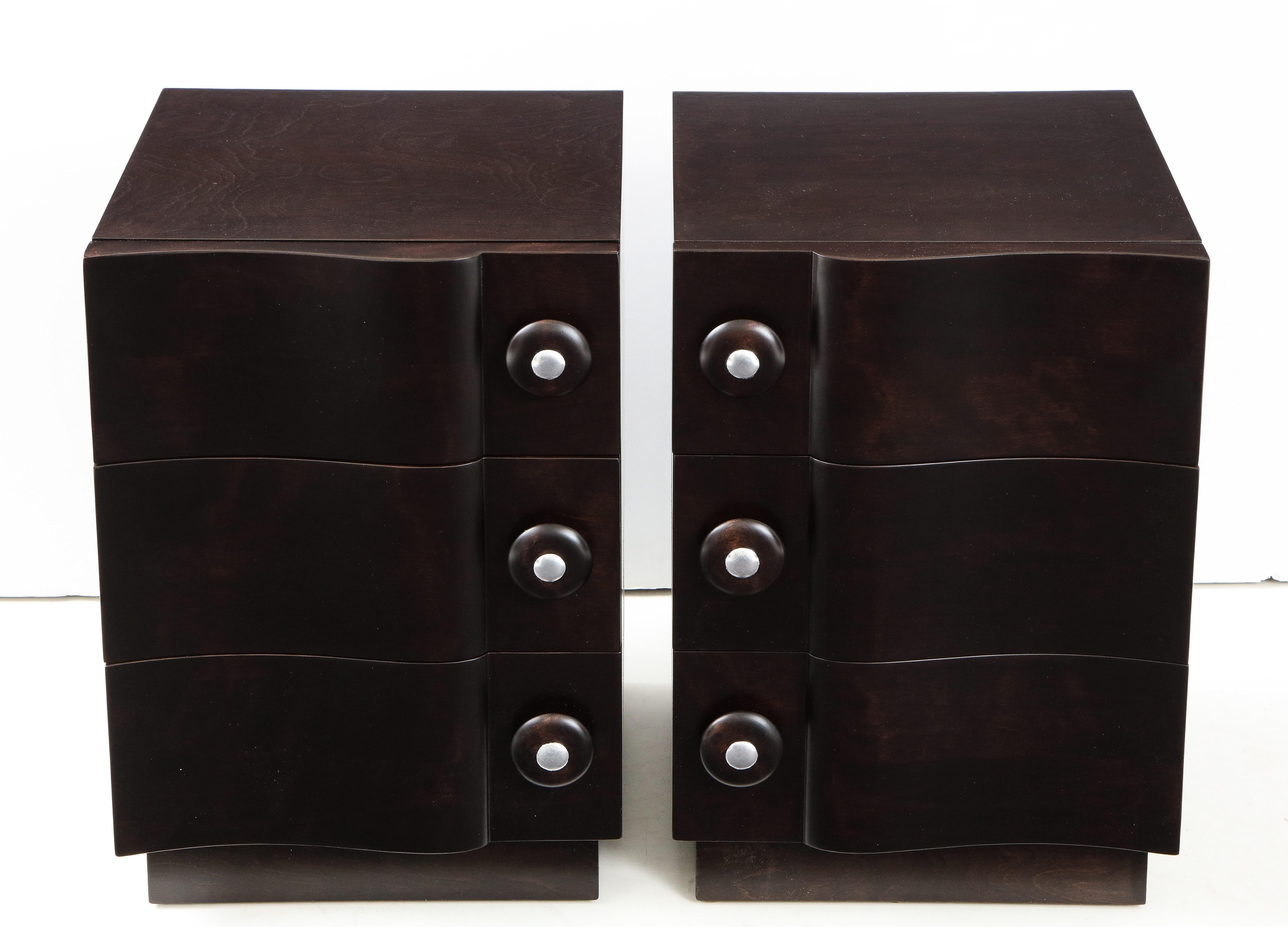 Mid-20th Century Rare Pair of Wave Front Cabinets / Nightstands by James Mont For Sale