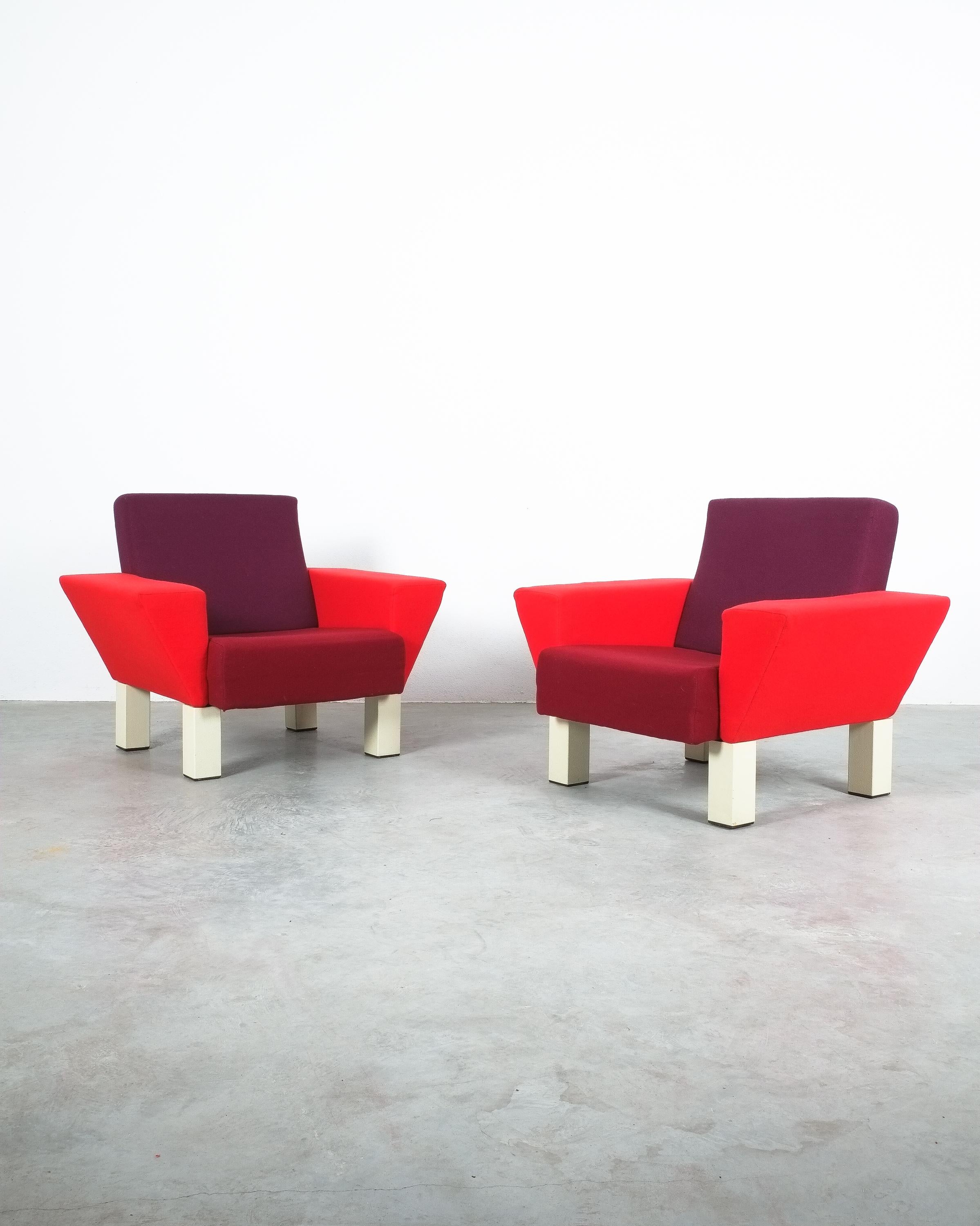 Rare pair of vintage 'Westside' armchairs by Ettore Sottsass for Knoll, 1983 in great condition

Iconic west side designed by Ettore Sottsass in 1983. Stylish and very comfortable oversized chairs in 3 different shades of red and violet on heavy