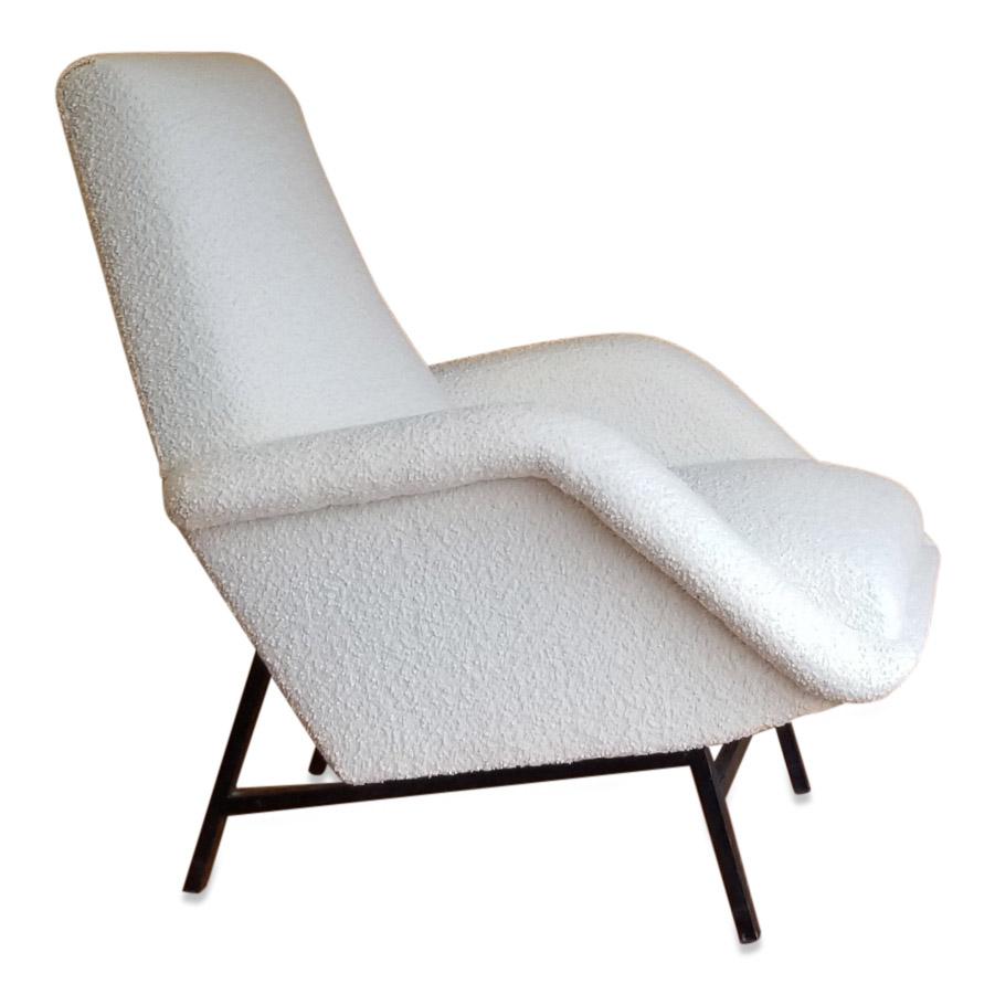 French Rare Pair of White Bouclette Guy Besnard Armchairs, France, 1950s