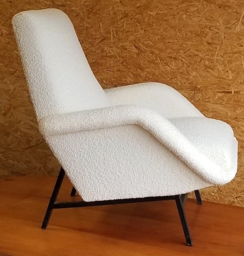 Rare Pair of White Bouclette Guy Besnard Armchairs, France, 1950s 2