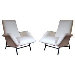 Rare Pair of White Bouclette Guy Besnard Armchairs, France 1950s