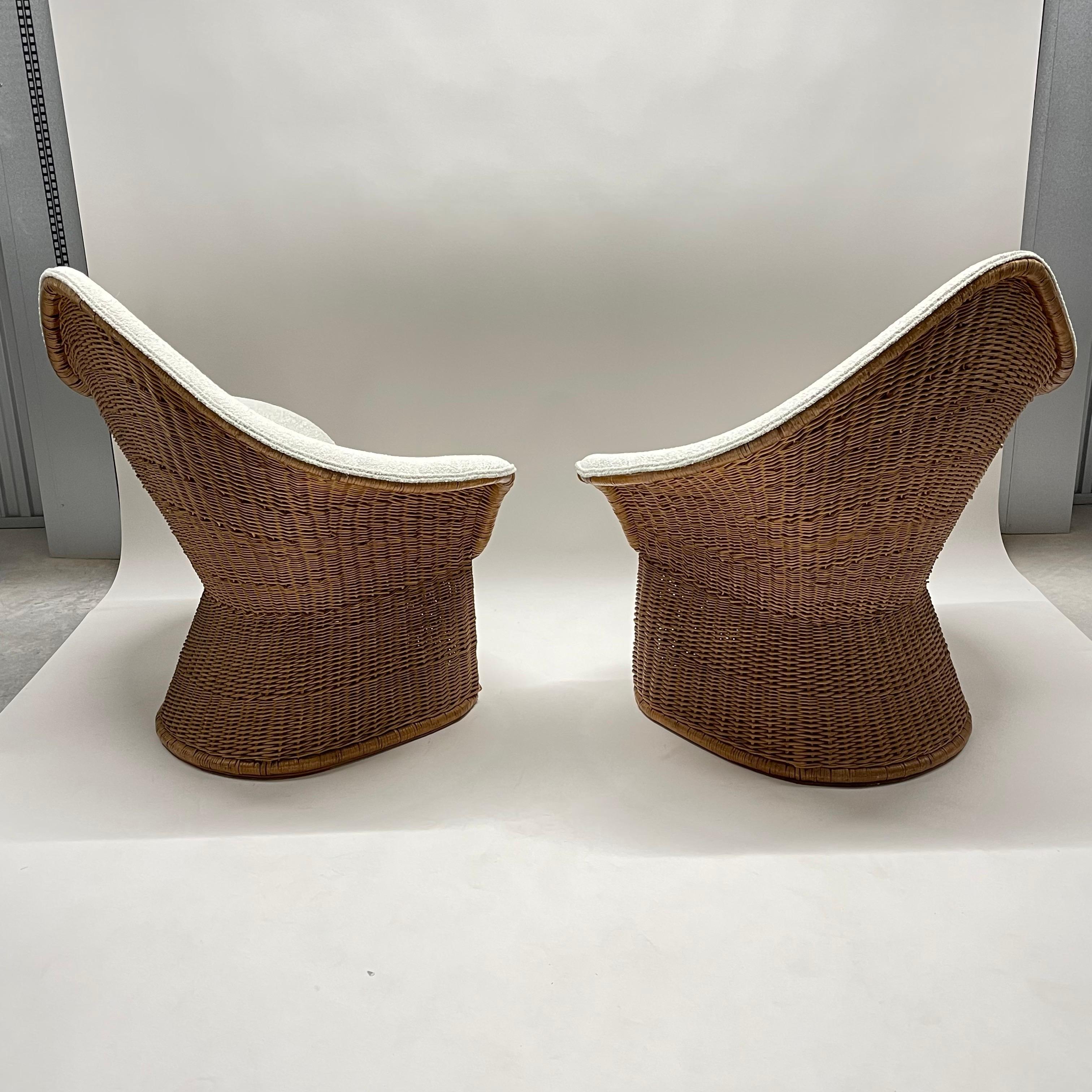 Rare Pair of Wicker Rattan and Boucle Sculptural Chairs, Italy, circa 1970's 2