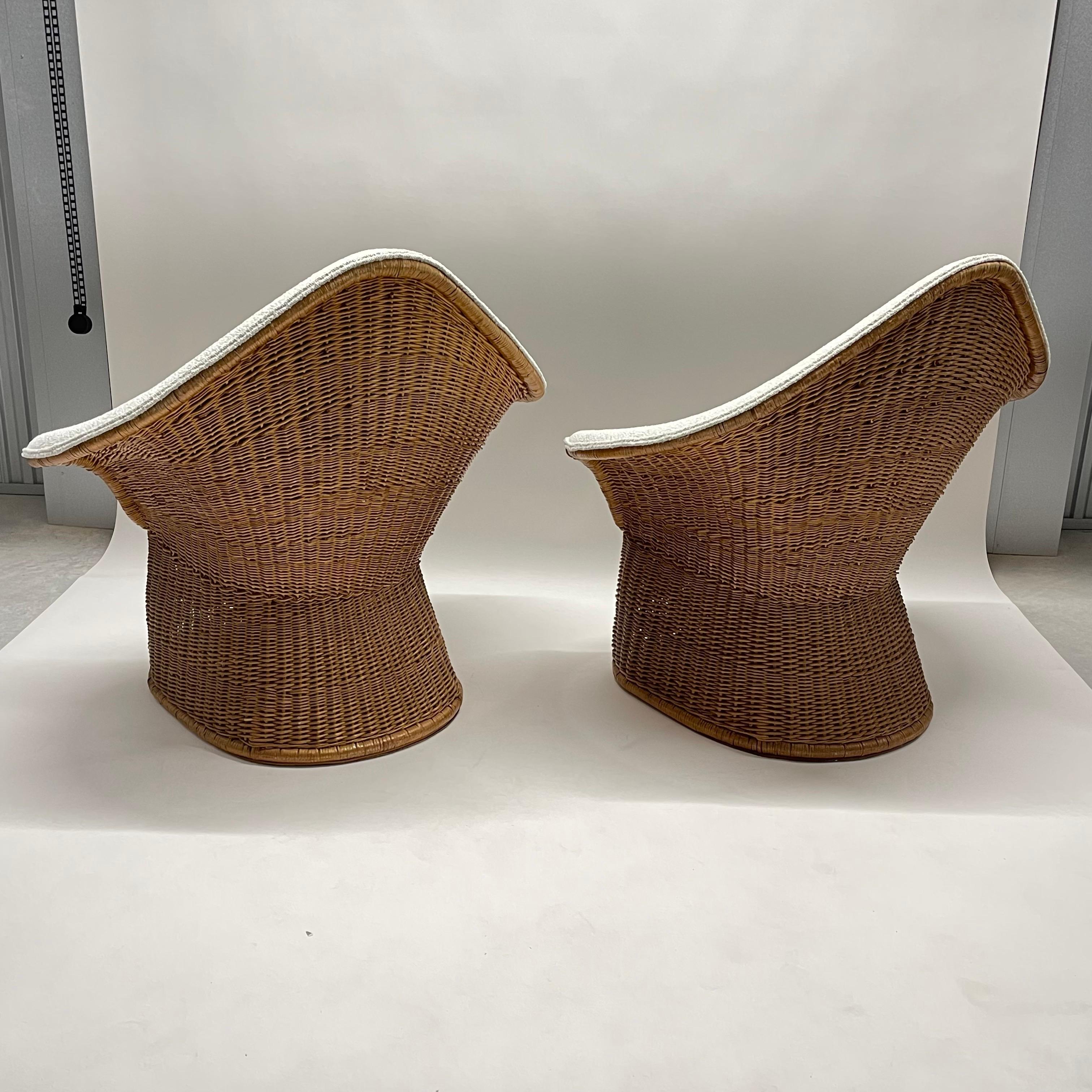 Bouclé Rare Pair of Wicker Rattan and Boucle Sculptural Chairs, Italy, circa 1970's