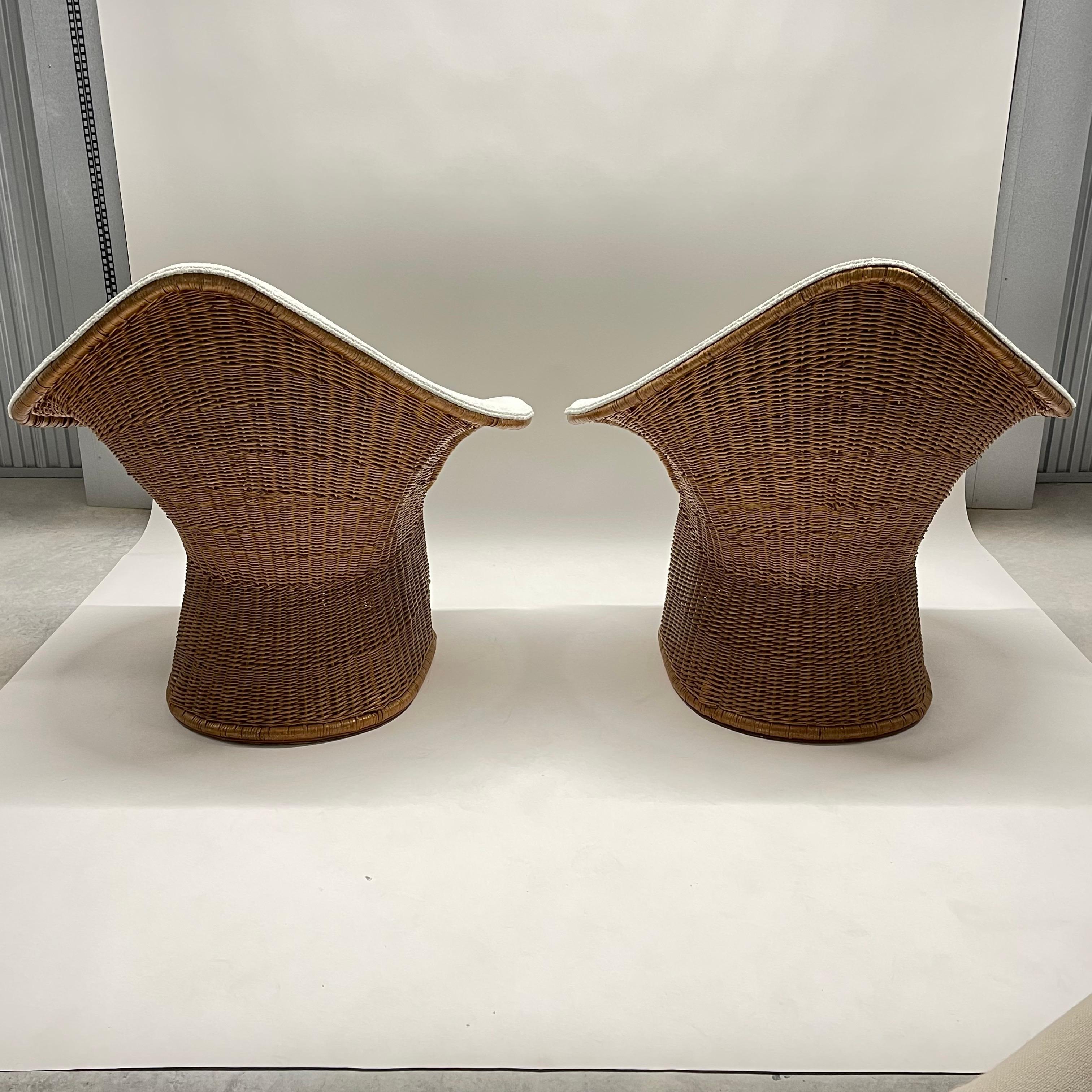Rare Pair of Wicker Rattan and Boucle Sculptural Chairs, Italy, circa 1970's 1
