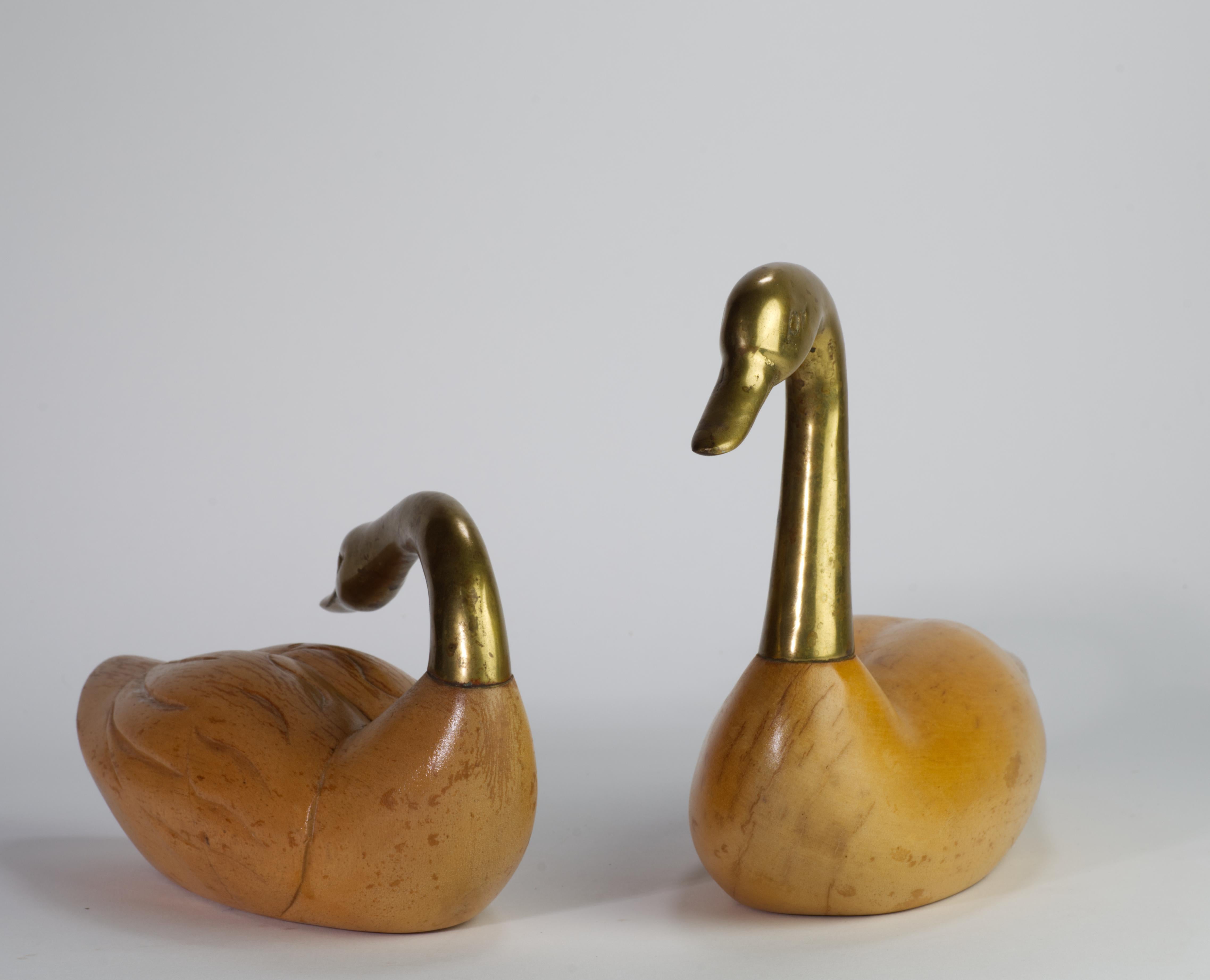 Mid-Century Modern Rare Pair of Wood and Bronze Swan Figurines by Wildwood, Mid Century Modern For Sale