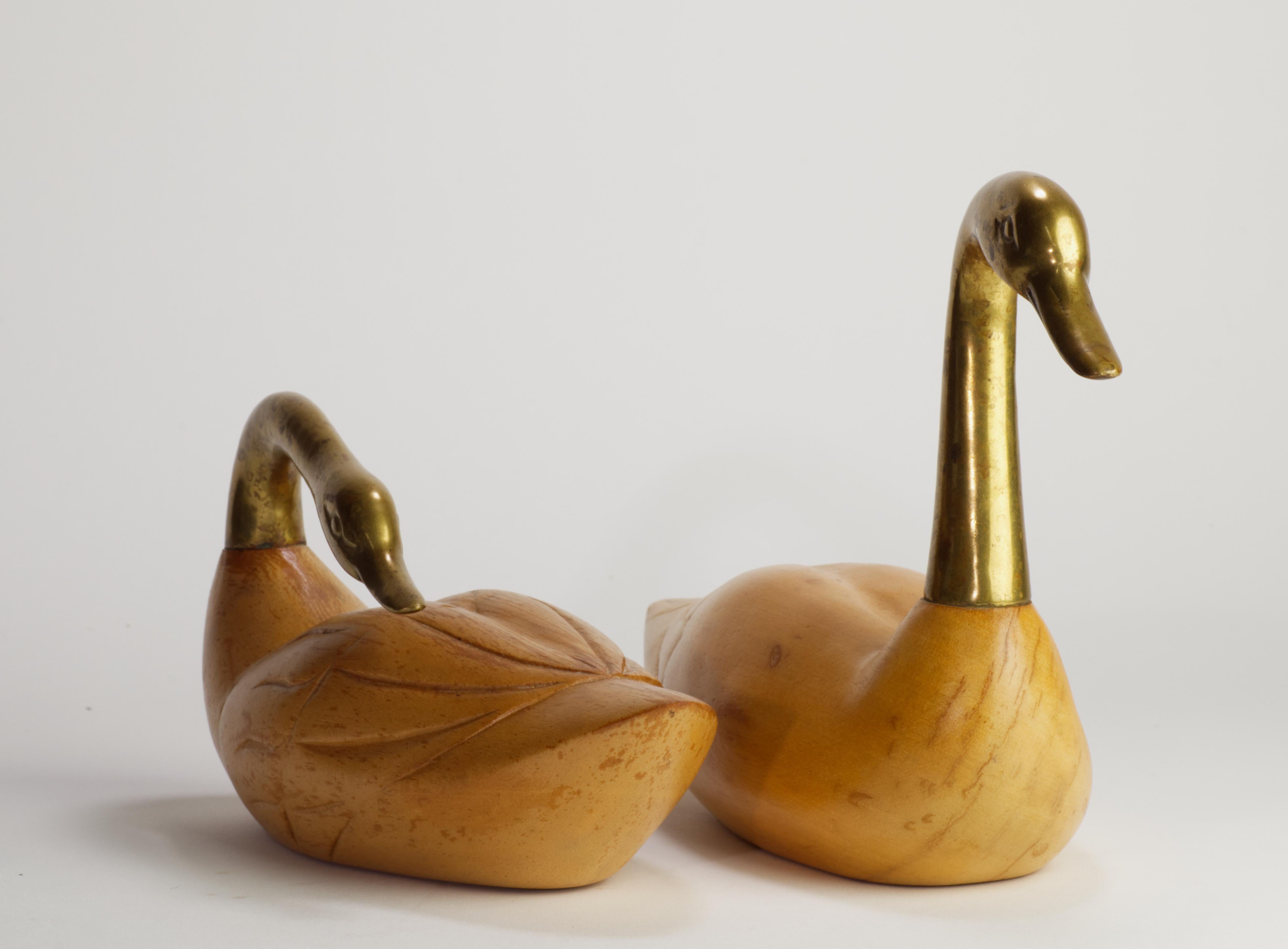 Korean Rare Pair of Wood and Bronze Swan Figurines by Wildwood, Mid Century Modern For Sale