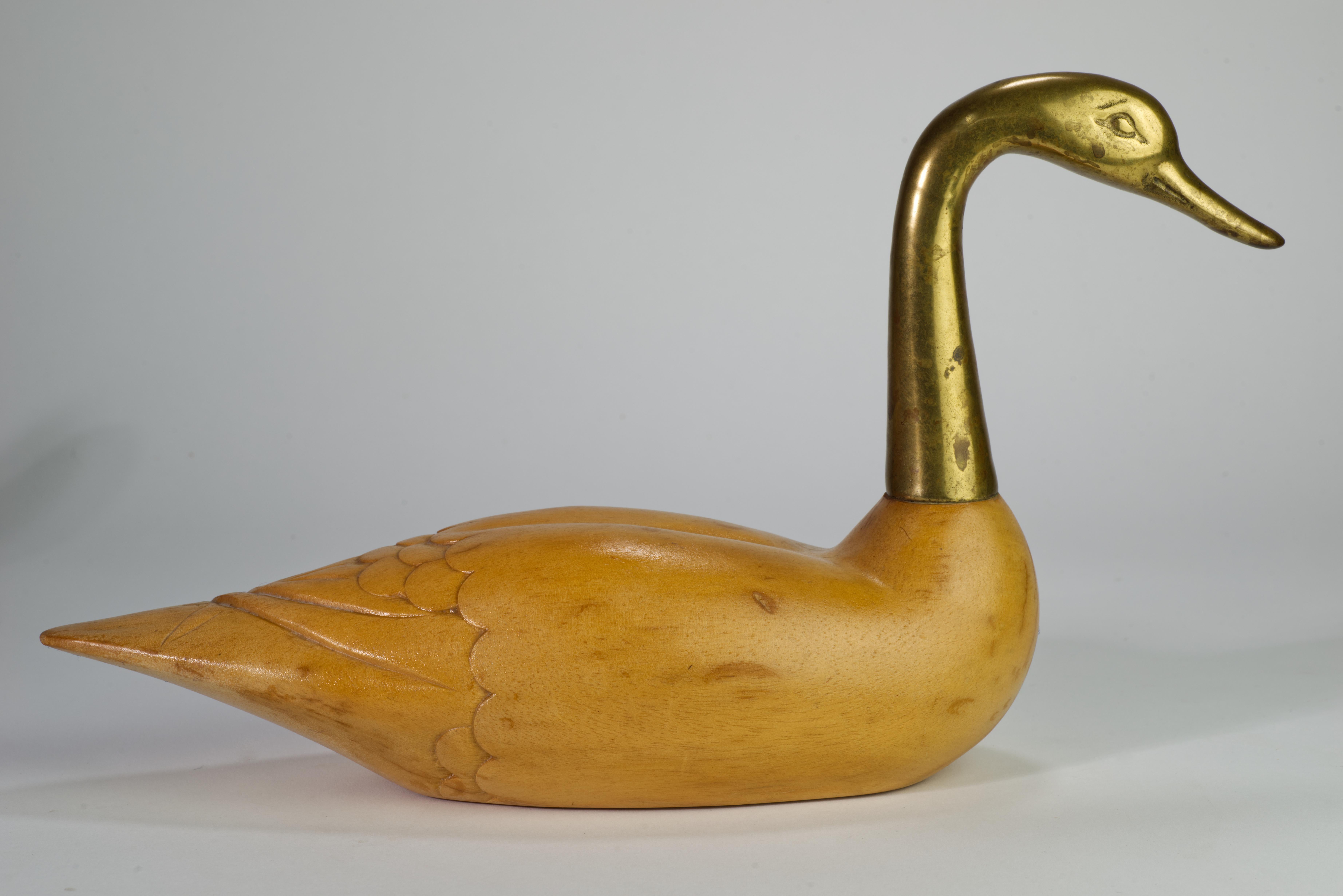 Hand-Carved Rare Pair of Wood and Bronze Swan Figurines by Wildwood, Mid Century Modern For Sale