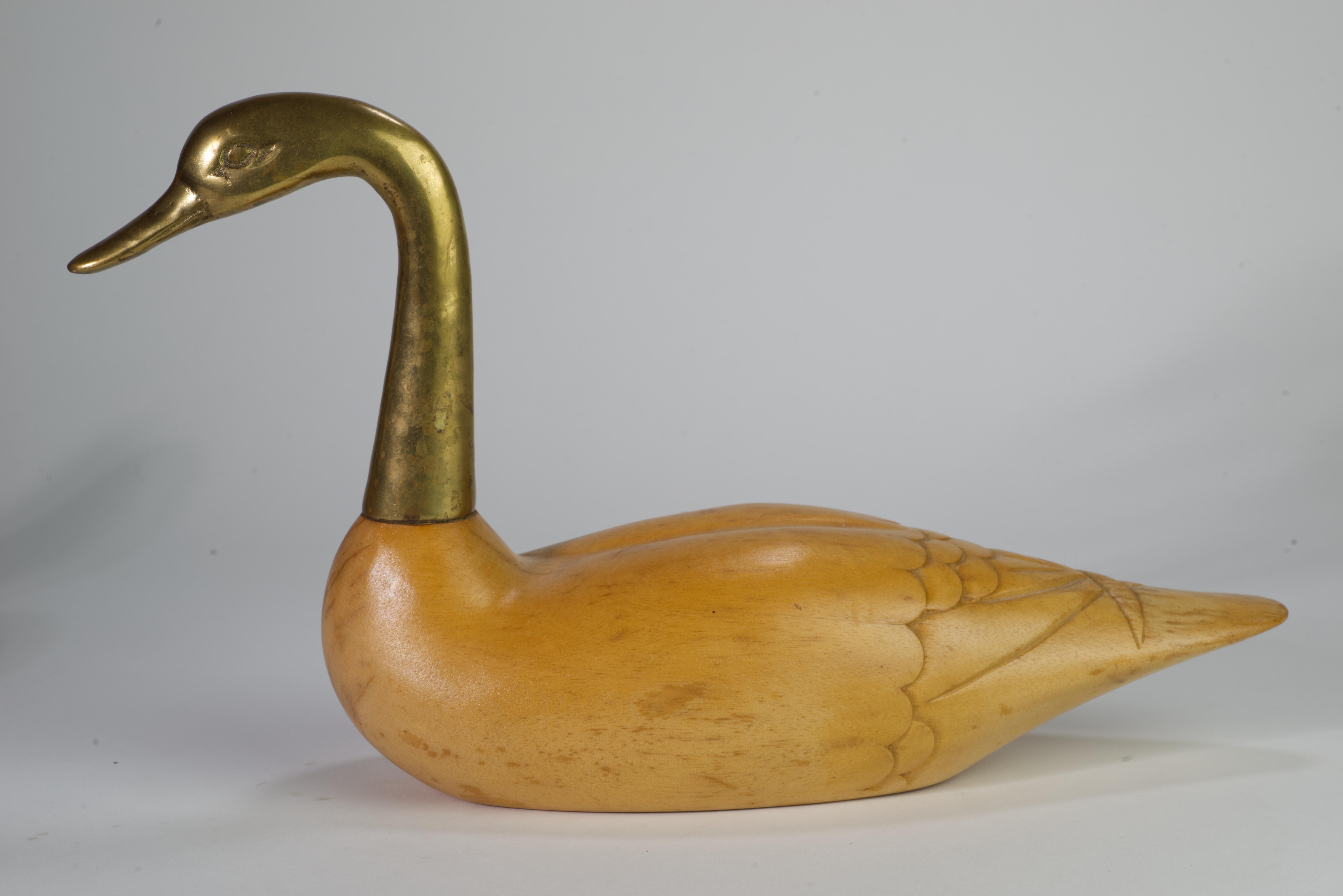 Rare Pair of Wood and Bronze Swan Figurines by Wildwood, Mid Century Modern In Fair Condition For Sale In Clifton Springs, NY