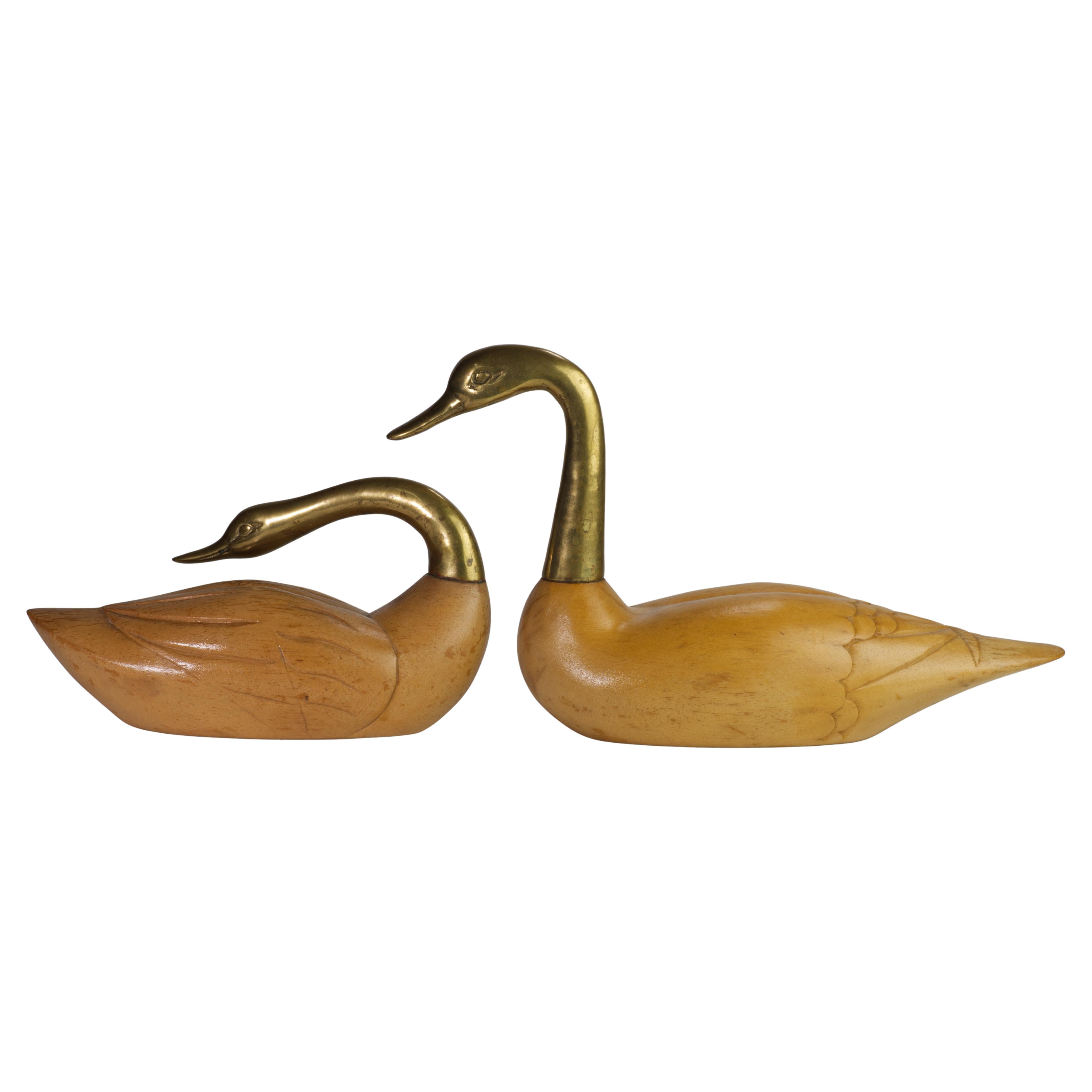 Rare Pair of Wood and Bronze Swan Figurines by Wildwood, Mid Century Modern For Sale