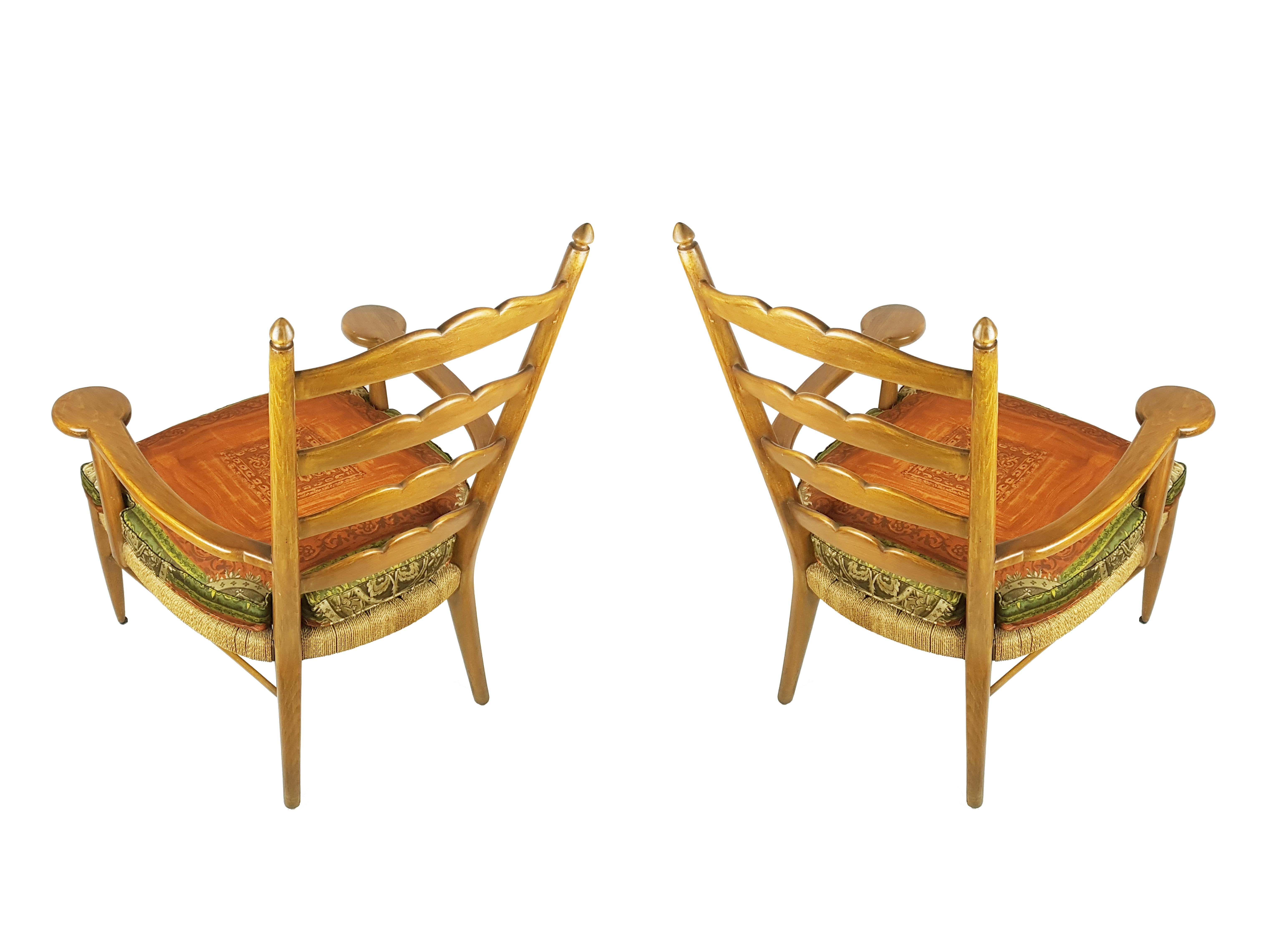 Fabric Rare Pair of Wood & Rope 1949 Armchairs by Ico Parisi For Sale