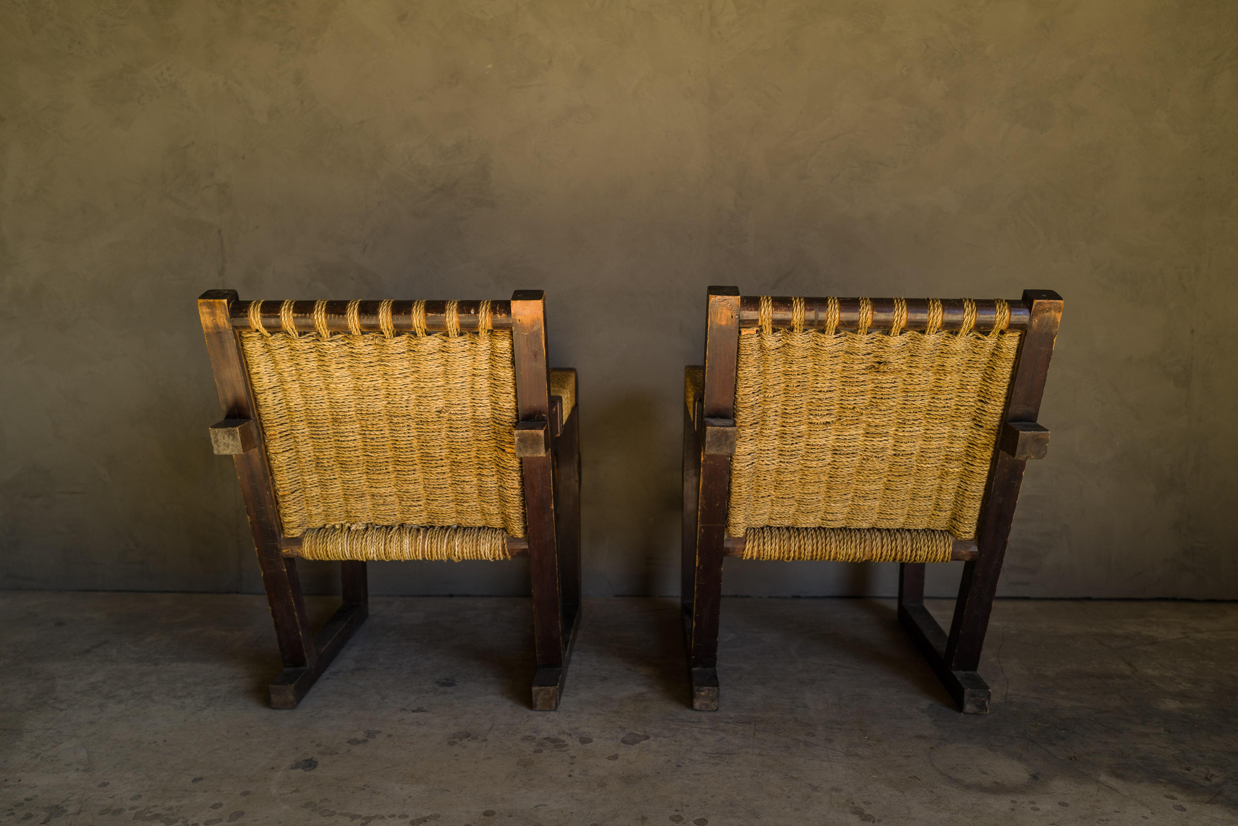 Pine Rare Pair of Woven Lounge Chairs from France, circa 1960