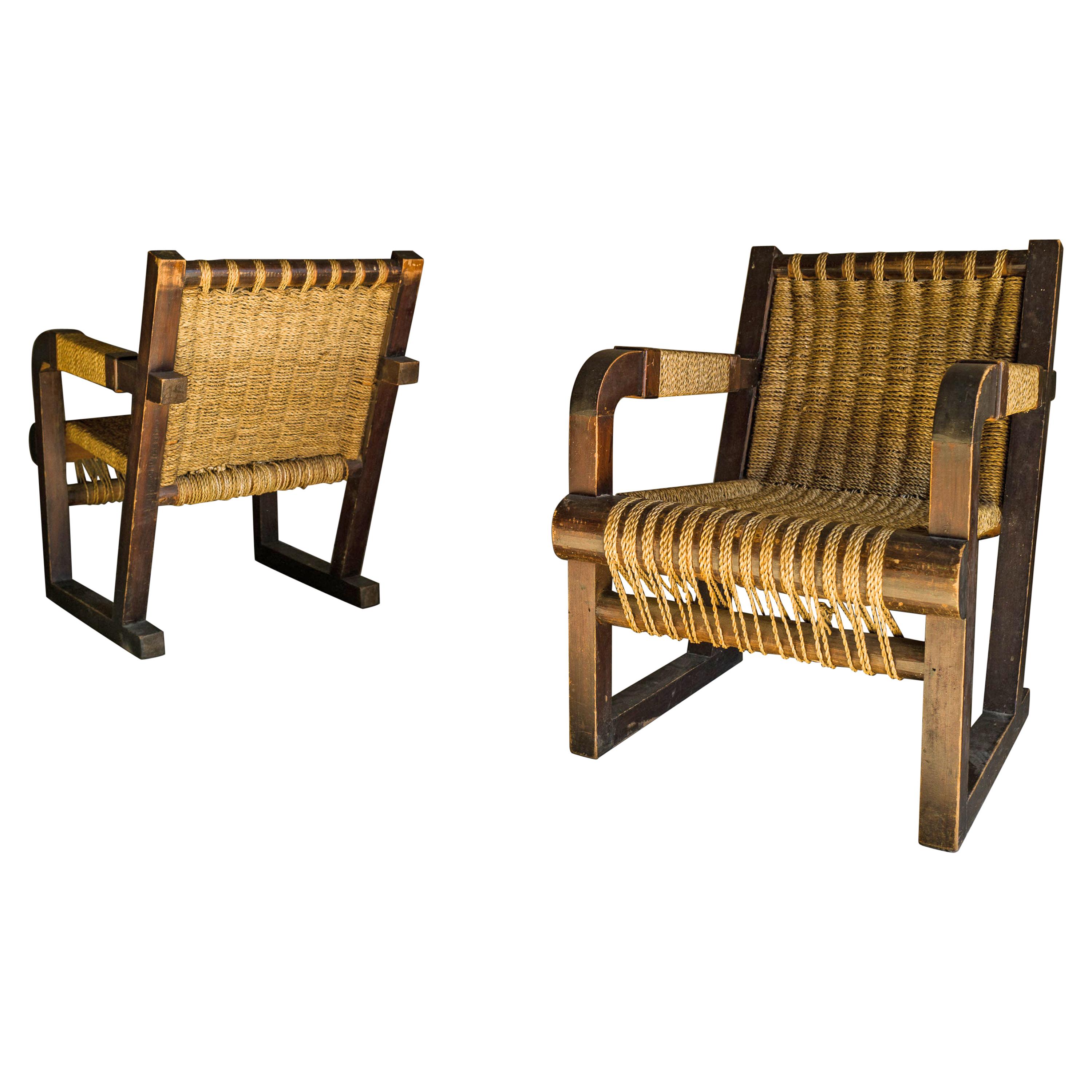 Rare Pair of Woven Lounge Chairs from France, circa 1960