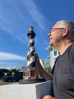 Rare Pair Old "Cape Hattaras" Lighthouse Sculptures In Vibrant Original Colors