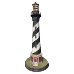 Rare Pair Old "Cape Hattaras" Lighthouse Sculptures In Vibrant Original Colors