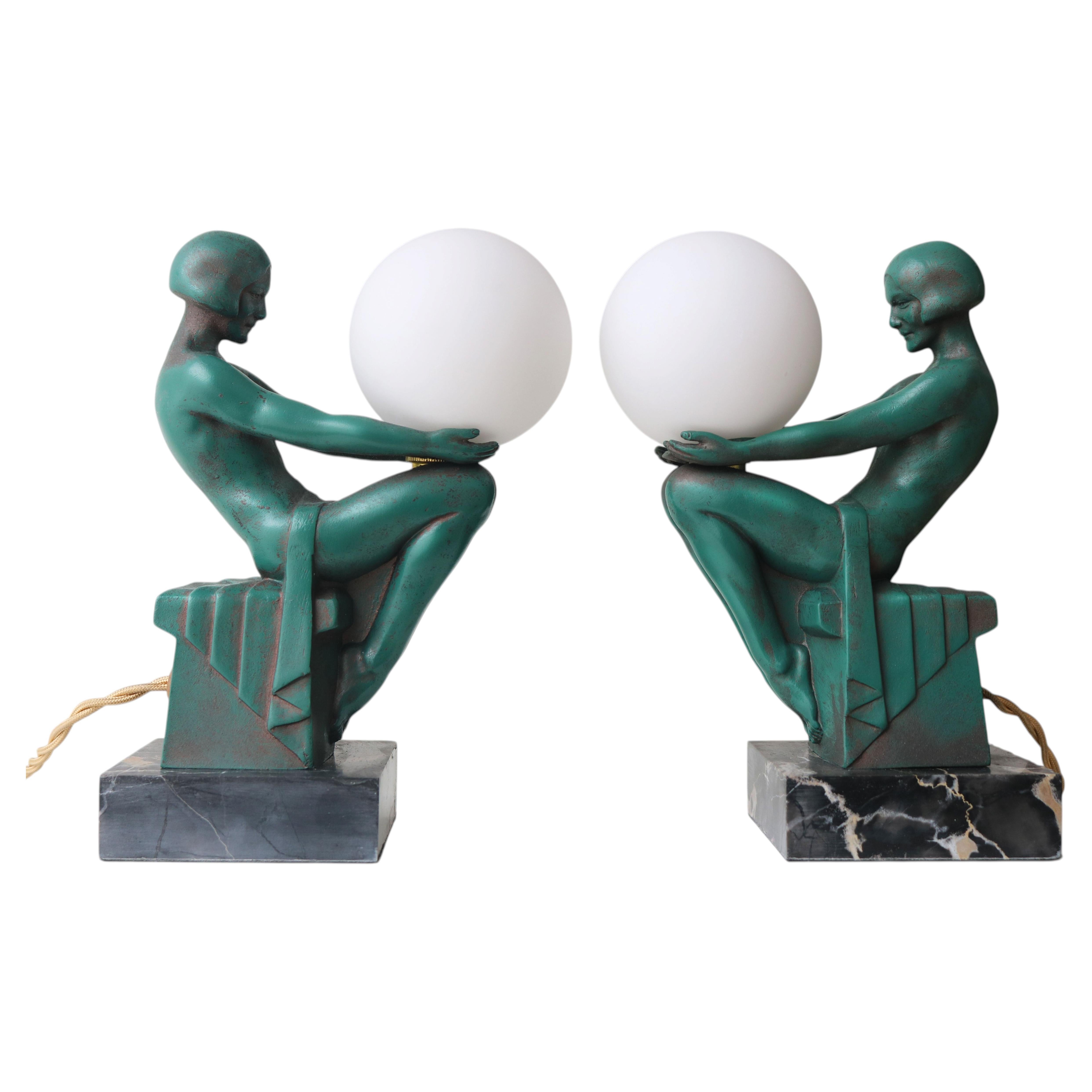 Rare pair original ''Délassement'' Table lamps by Max Le Verrier 1930 France