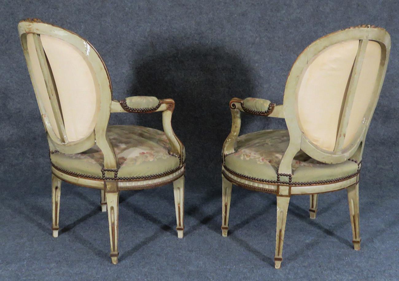 Rare Pair of Paint Decorated 1870s French Louis XVI Aubusson Fauteuils Armchairs In Good Condition In Swedesboro, NJ