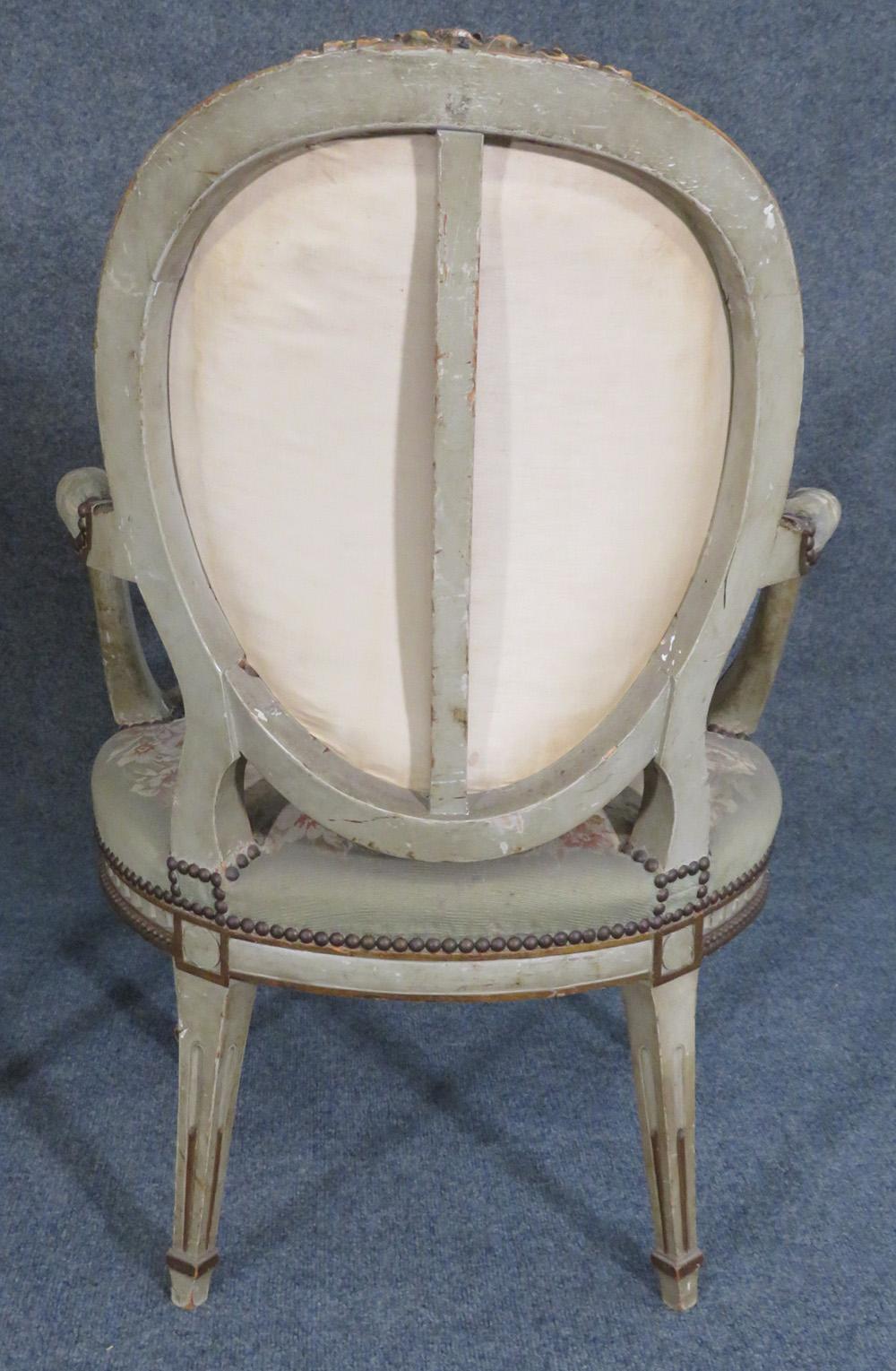 Late 19th Century Rare Pair of Paint Decorated 1870s French Louis XVI Aubusson Fauteuils Armchairs