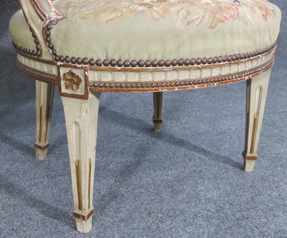 Beech Rare Pair of Paint Decorated 1870s French Louis XVI Aubusson Fauteuils Armchairs