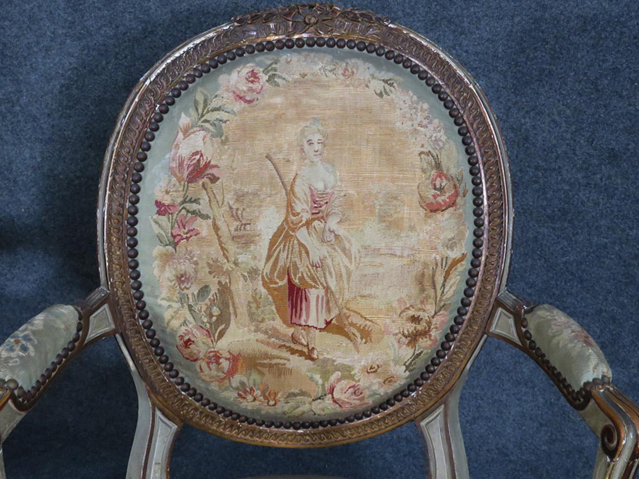 Rare Pair of Paint Decorated 1870s French Louis XVI Aubusson Fauteuils Armchairs 1