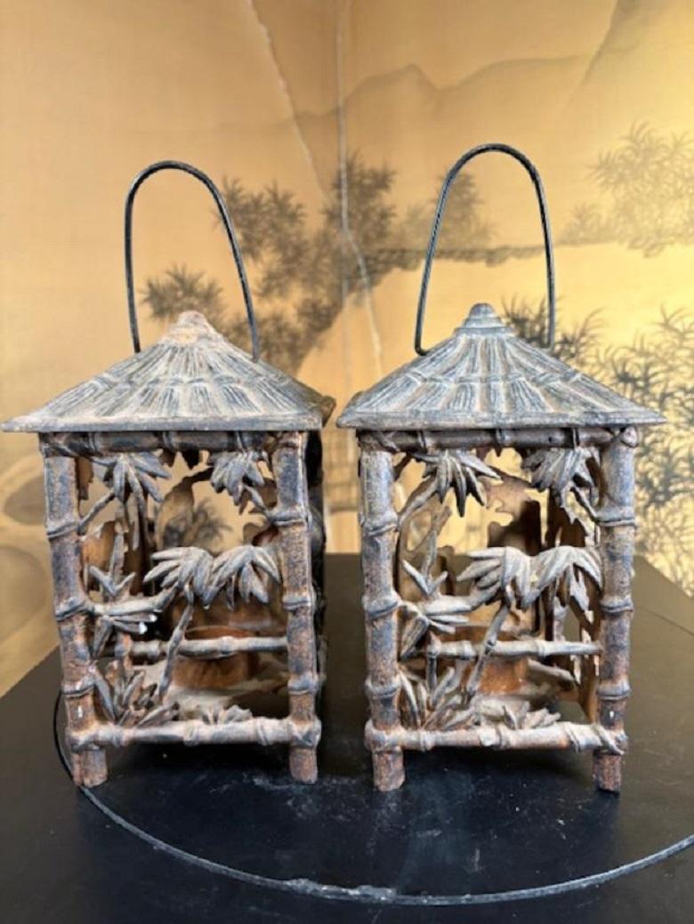 Rare Pair Panda And Bamboo Garden Lighting Lanterns For Sale 3