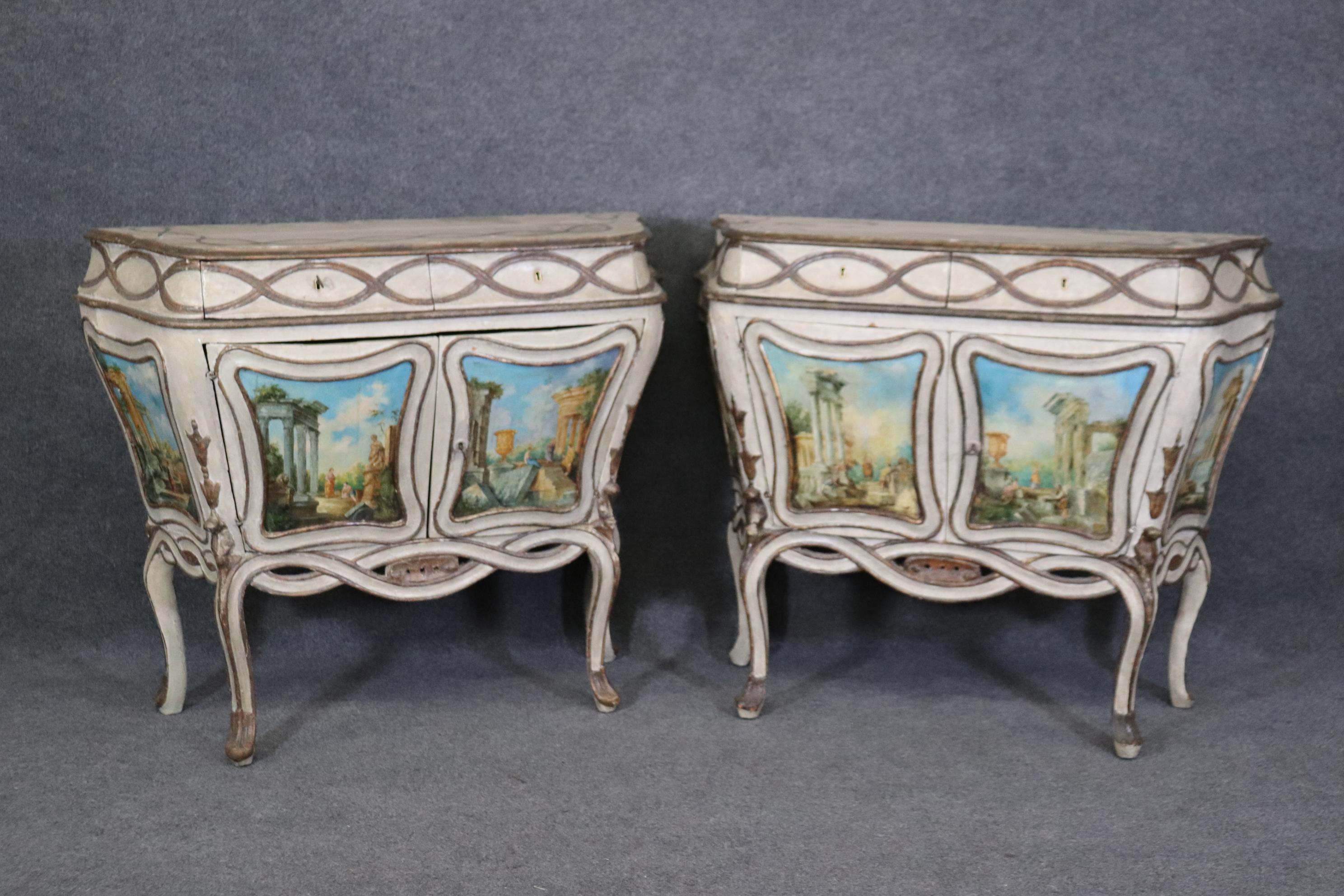 Italian Rare Pair Period 18th Century Paint Decorated  Venetian Commodes Cabinets For Sale