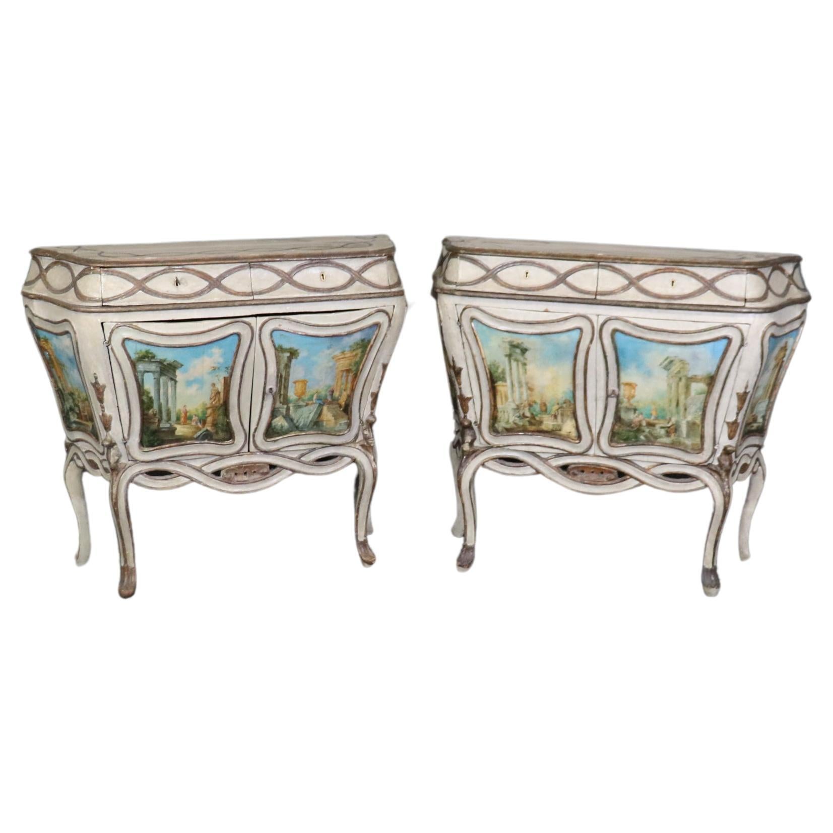 Rare Pair Period 18th Century Paint Decorated  Venetian Commodes Cabinets For Sale