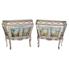 Antique Rare Pair Period 18th Century Paint Decorated  Venetian Commodes Cabinets
