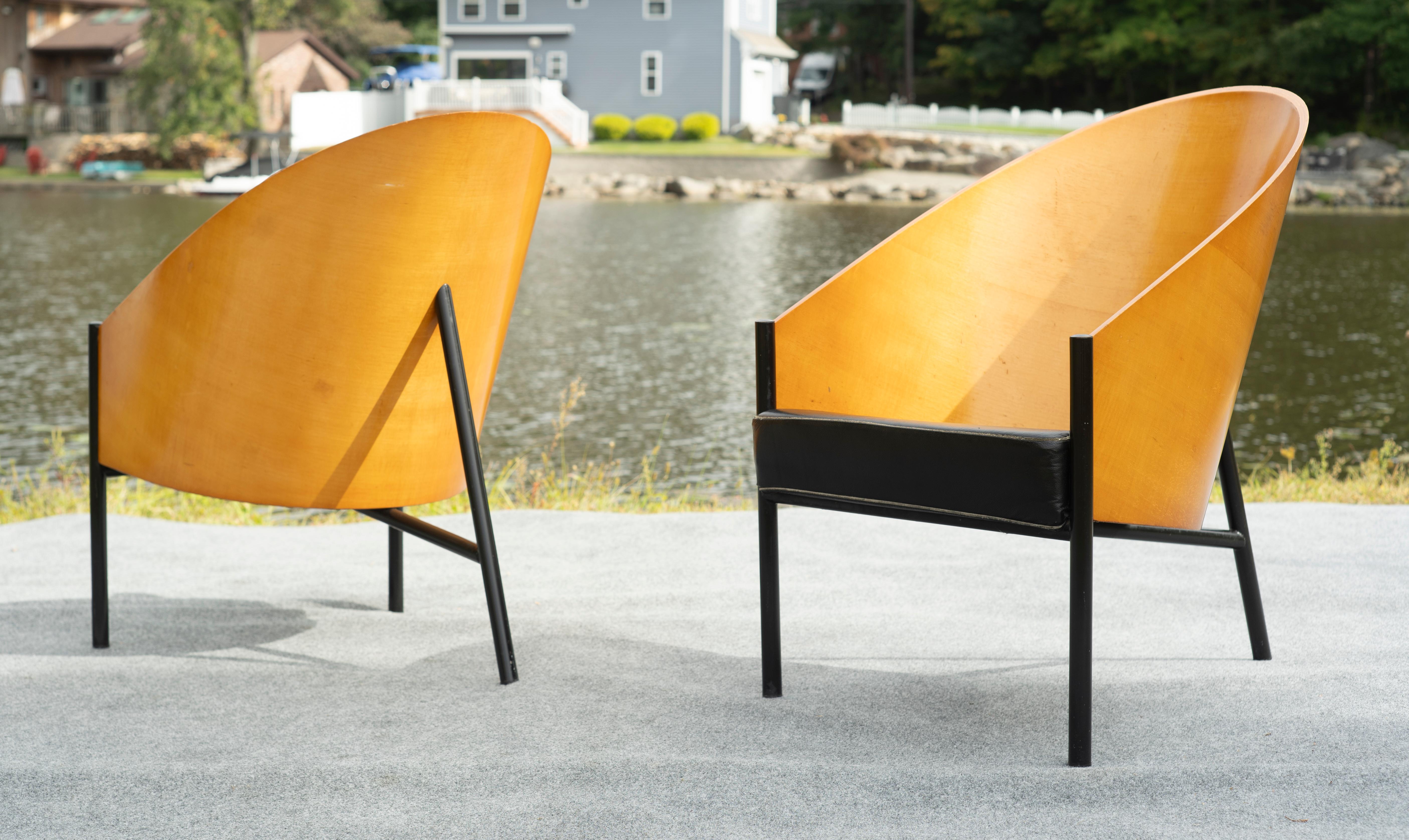 Rare paire de chaises longues Philippe Starck for Driade Pratfall en cuir noir et Oak Oak en vente 3
