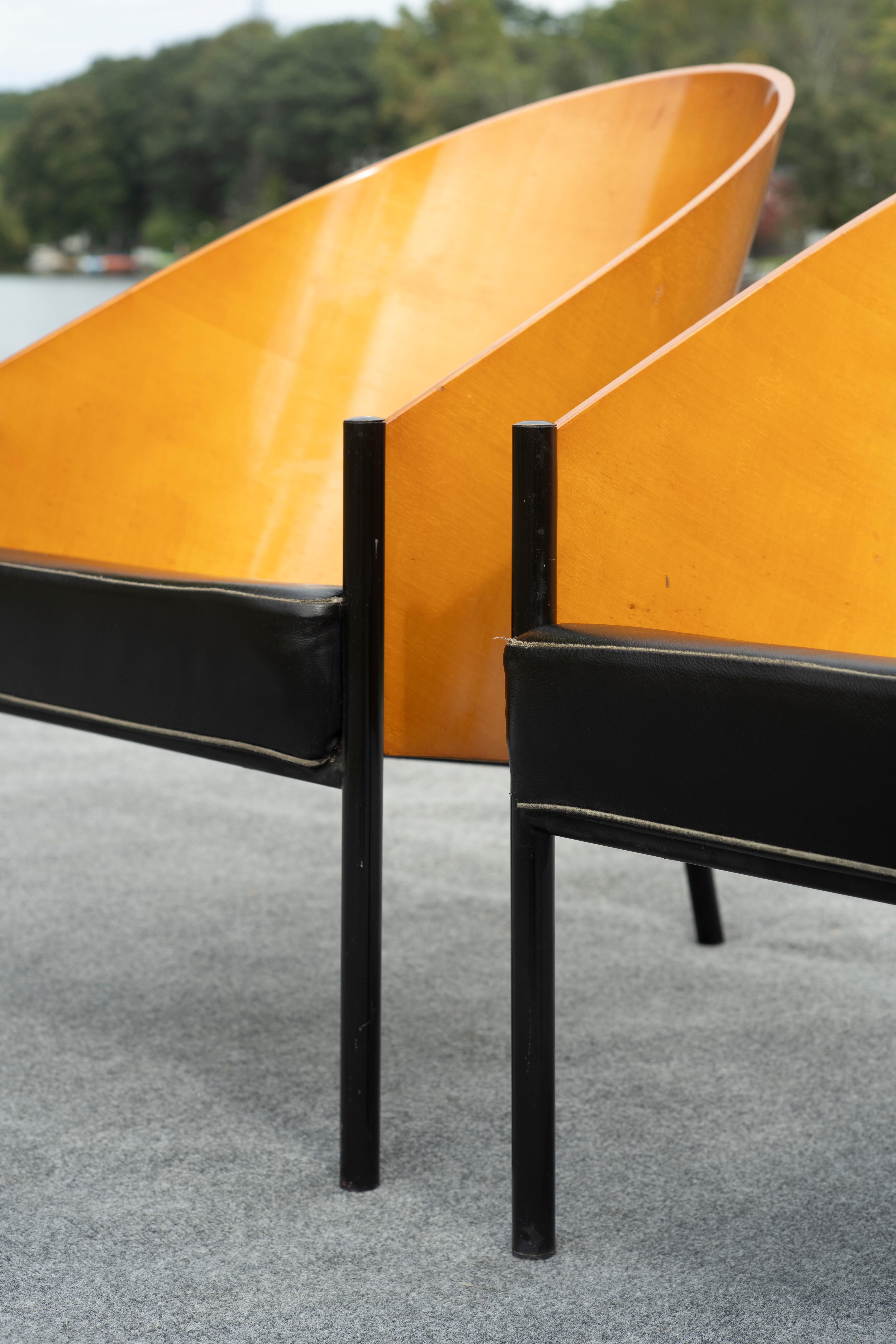 Rare paire de chaises longues Philippe Starck for Driade Pratfall en cuir noir et Oak Oak en vente 8