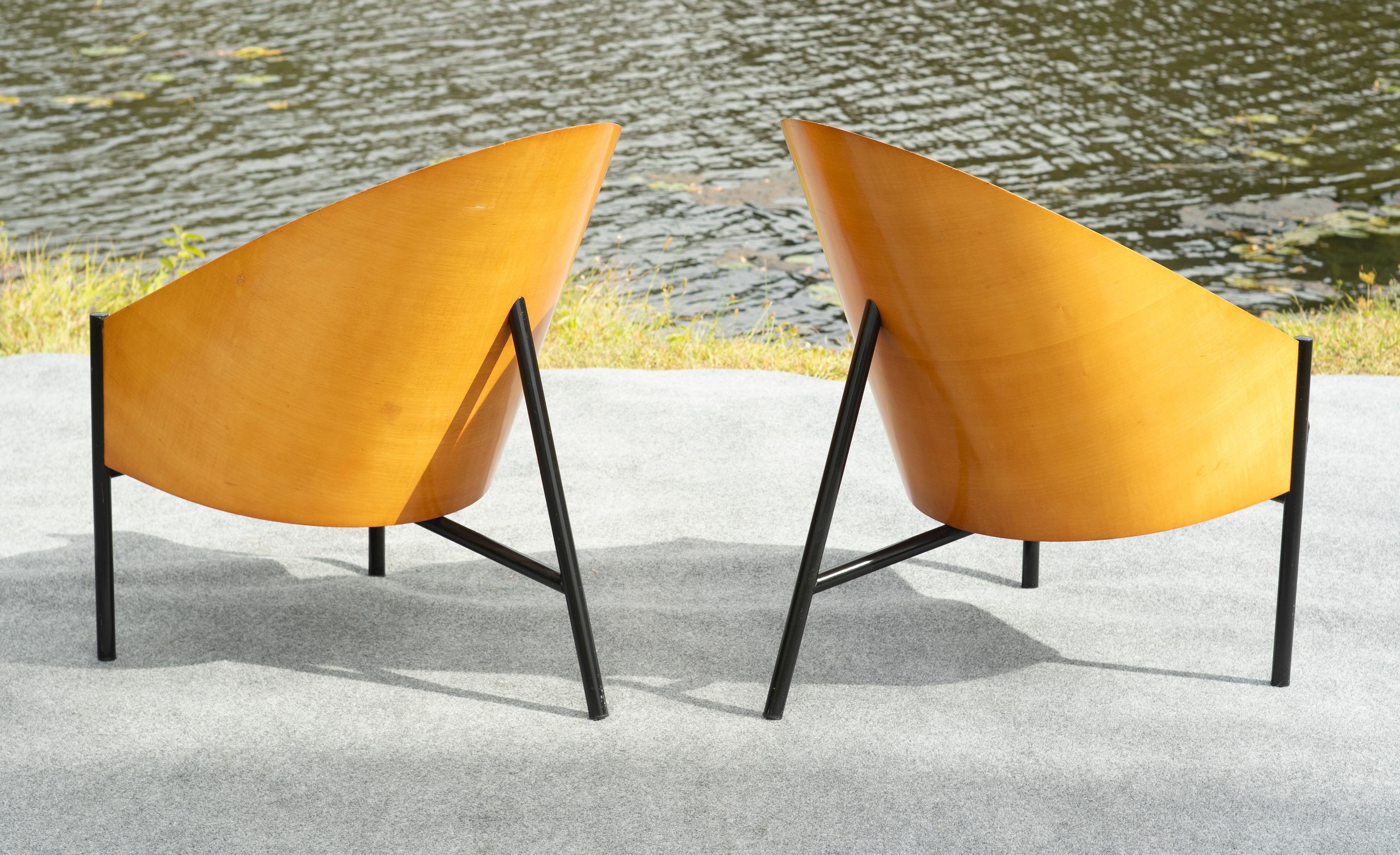 Rare paire de chaises longues Philippe Starck for Driade Pratfall en cuir noir et Oak Oak en vente 2