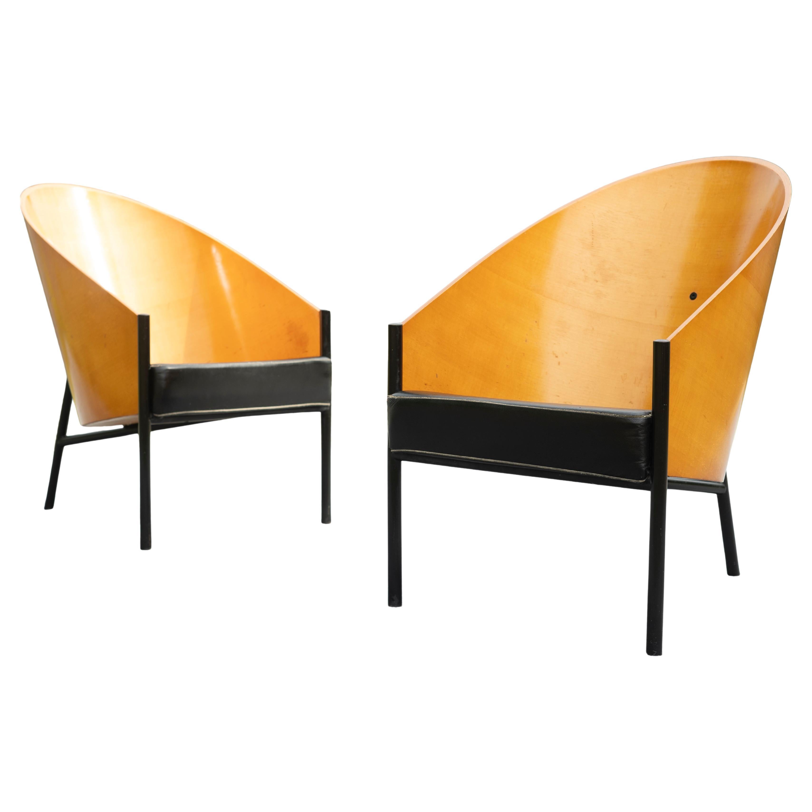 Rare Pair Philippe Starck for Driade Pratfall Lounge Chairs Black Leather & Oak