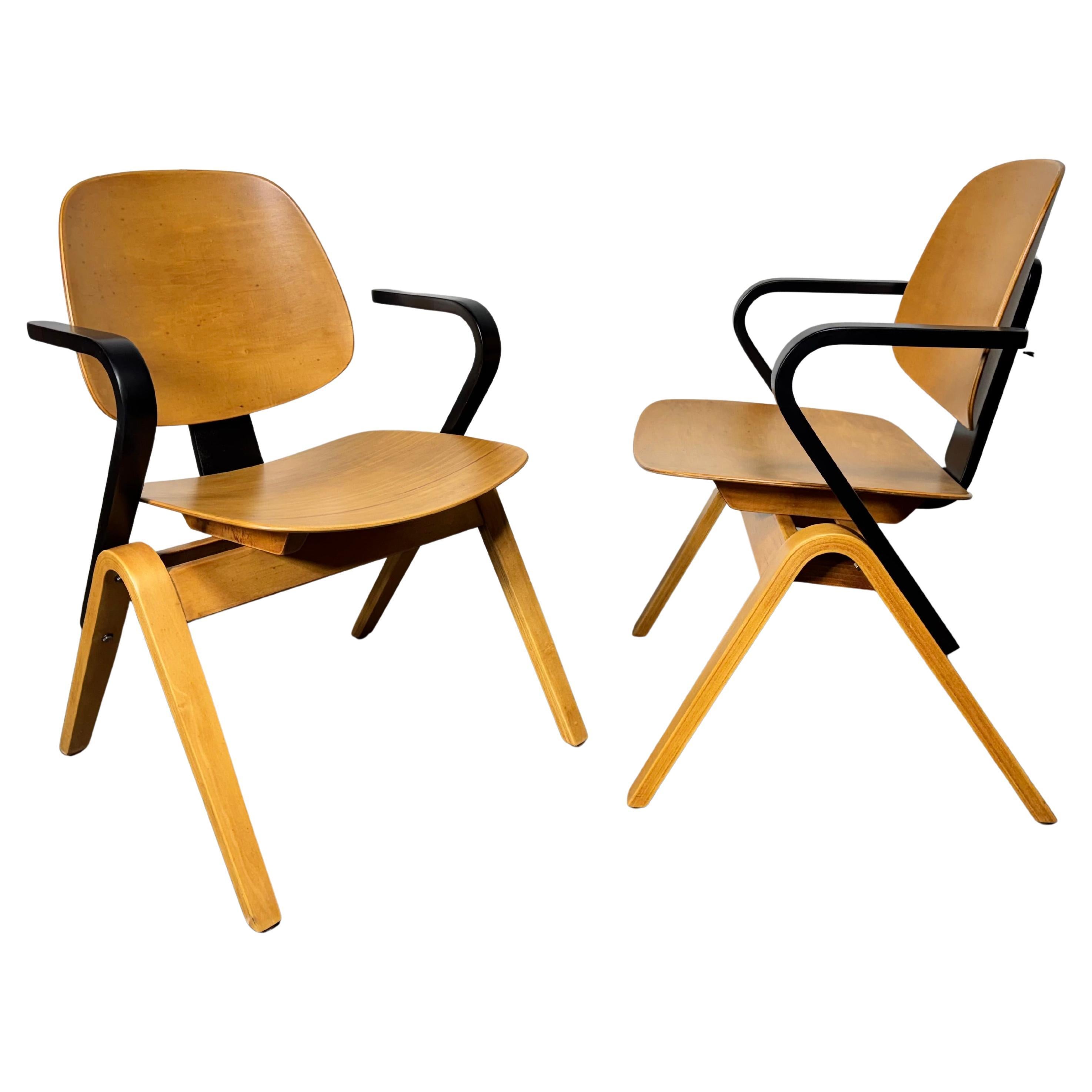 Rare Pair Plywood Arm Chairs by Joe Atkinson for Thonet NY / Modernist For Sale