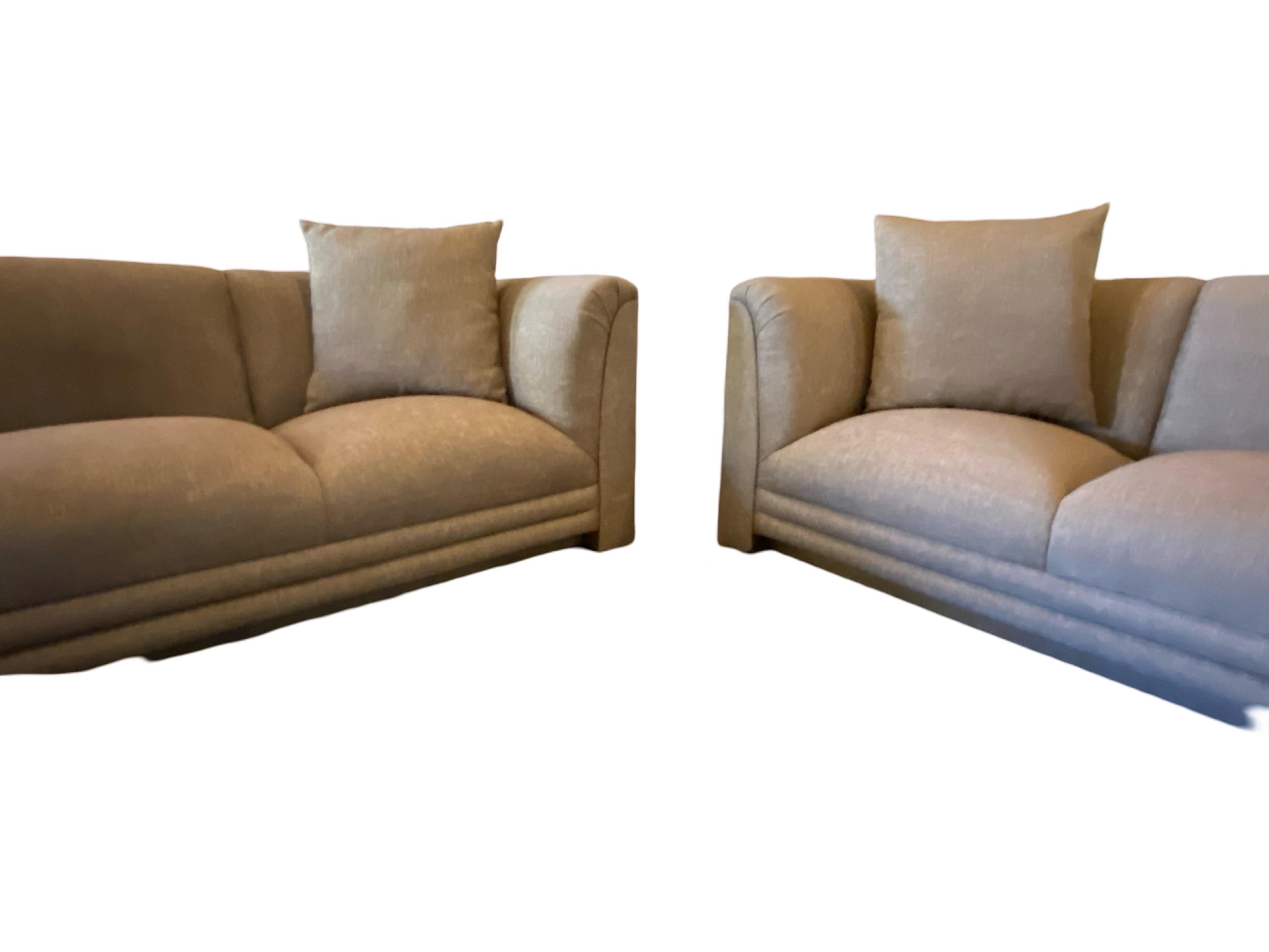 Pair of Taupe Linen Modern Sofas from Steve Chase Residence, Illuminated! For Sale 10