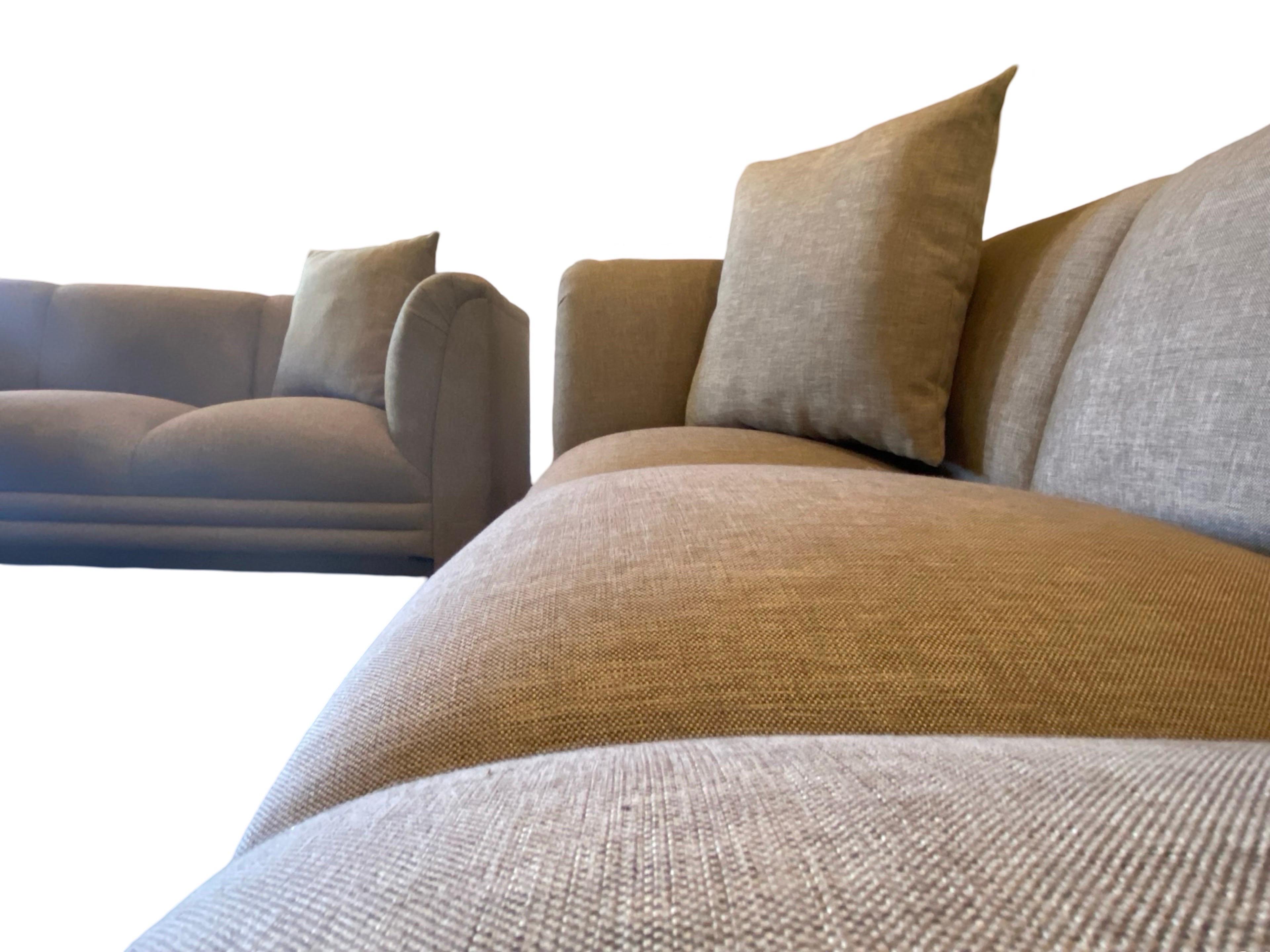 Pair of Taupe Linen Modern Sofas from Steve Chase Residence, Illuminated! For Sale 11