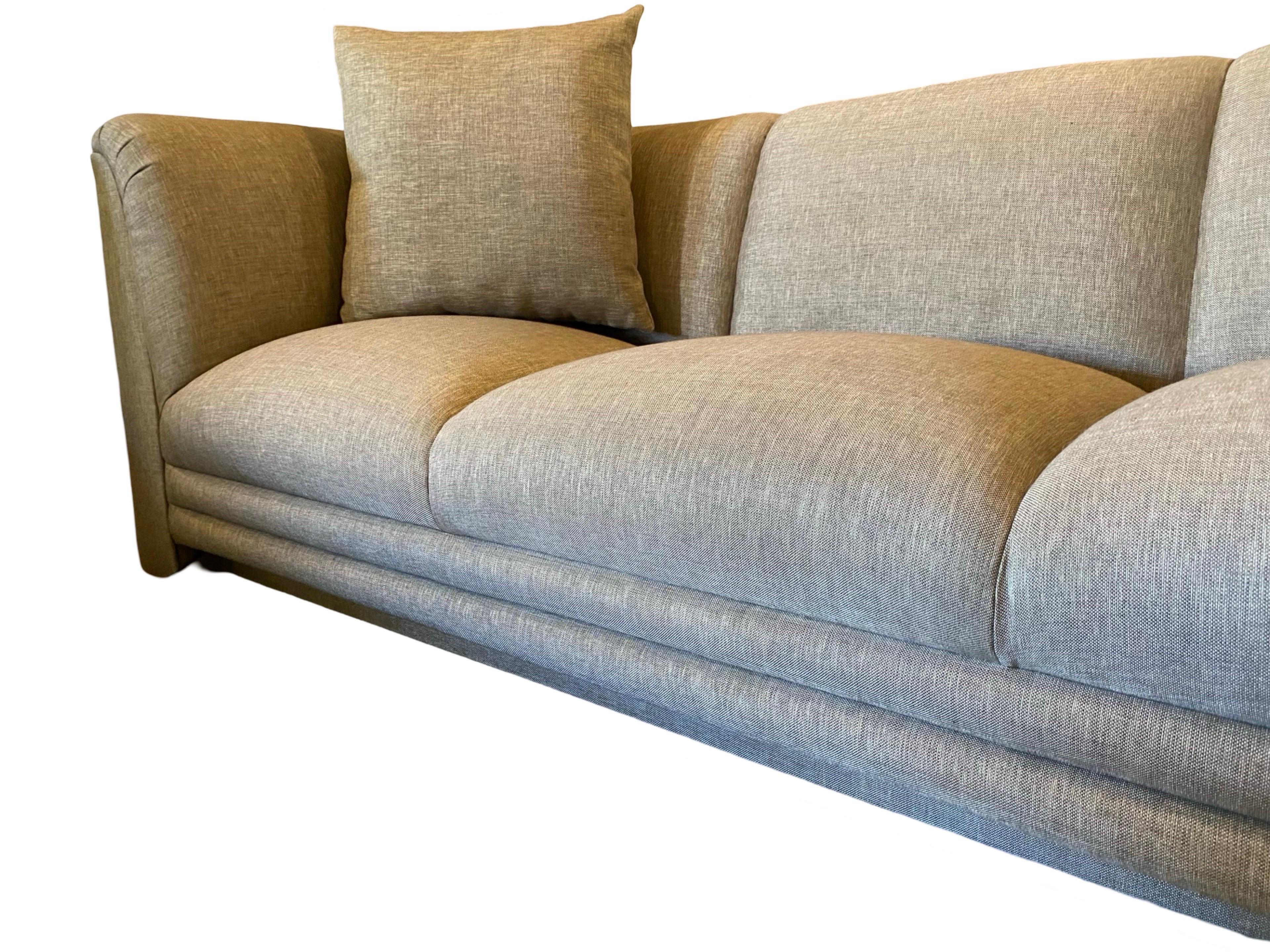 Pair of Taupe Linen Modern Sofas from Steve Chase Residence, Illuminated! For Sale 13