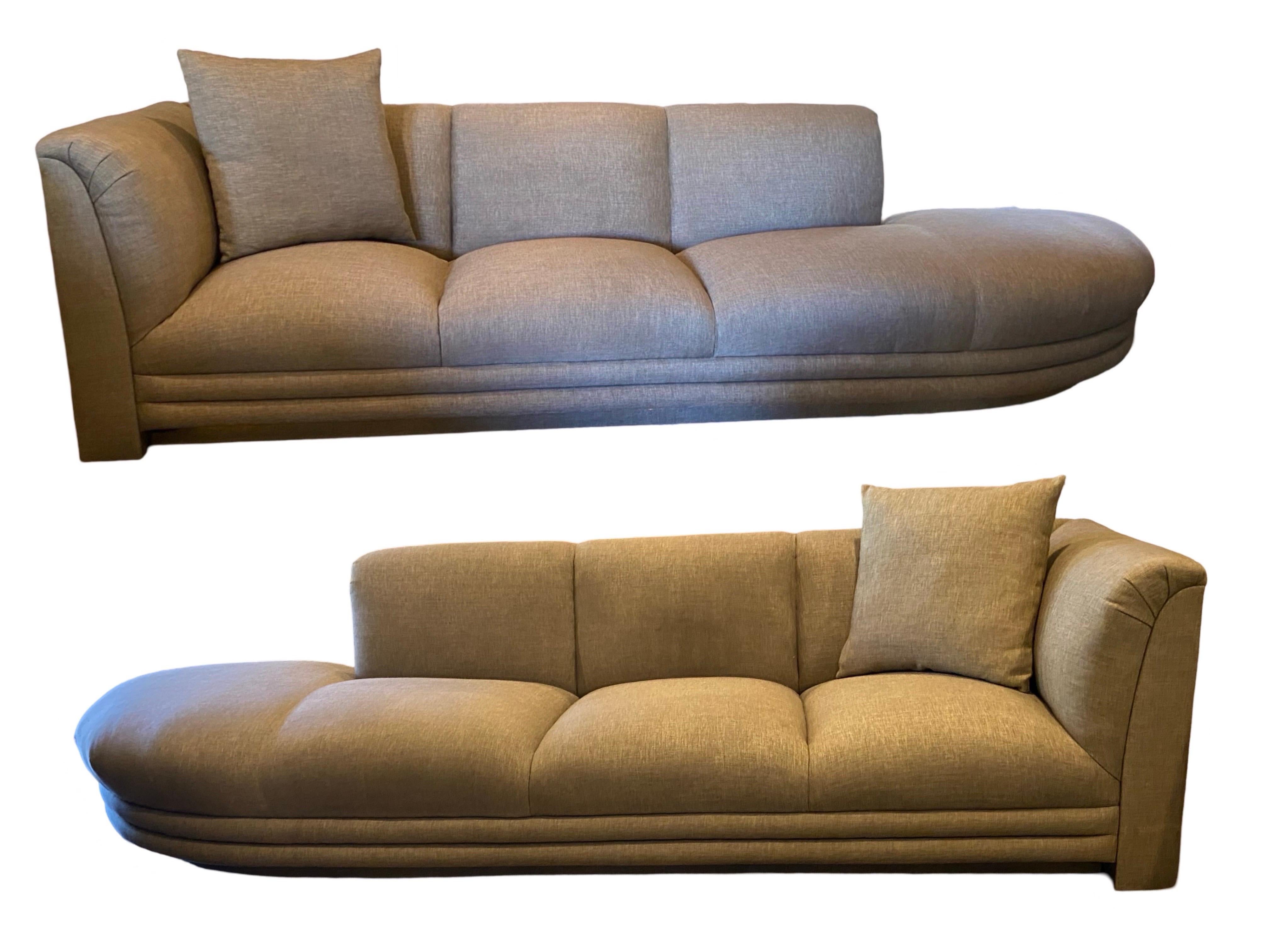 Pair of Taupe Linen Modern Sofas from Steve Chase Residence, Illuminated! For Sale 14