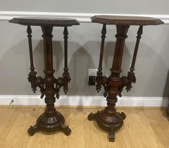 Rare Pair Renaissance Revival Victorian Carved Walnut Pedestals Stands, C1890s