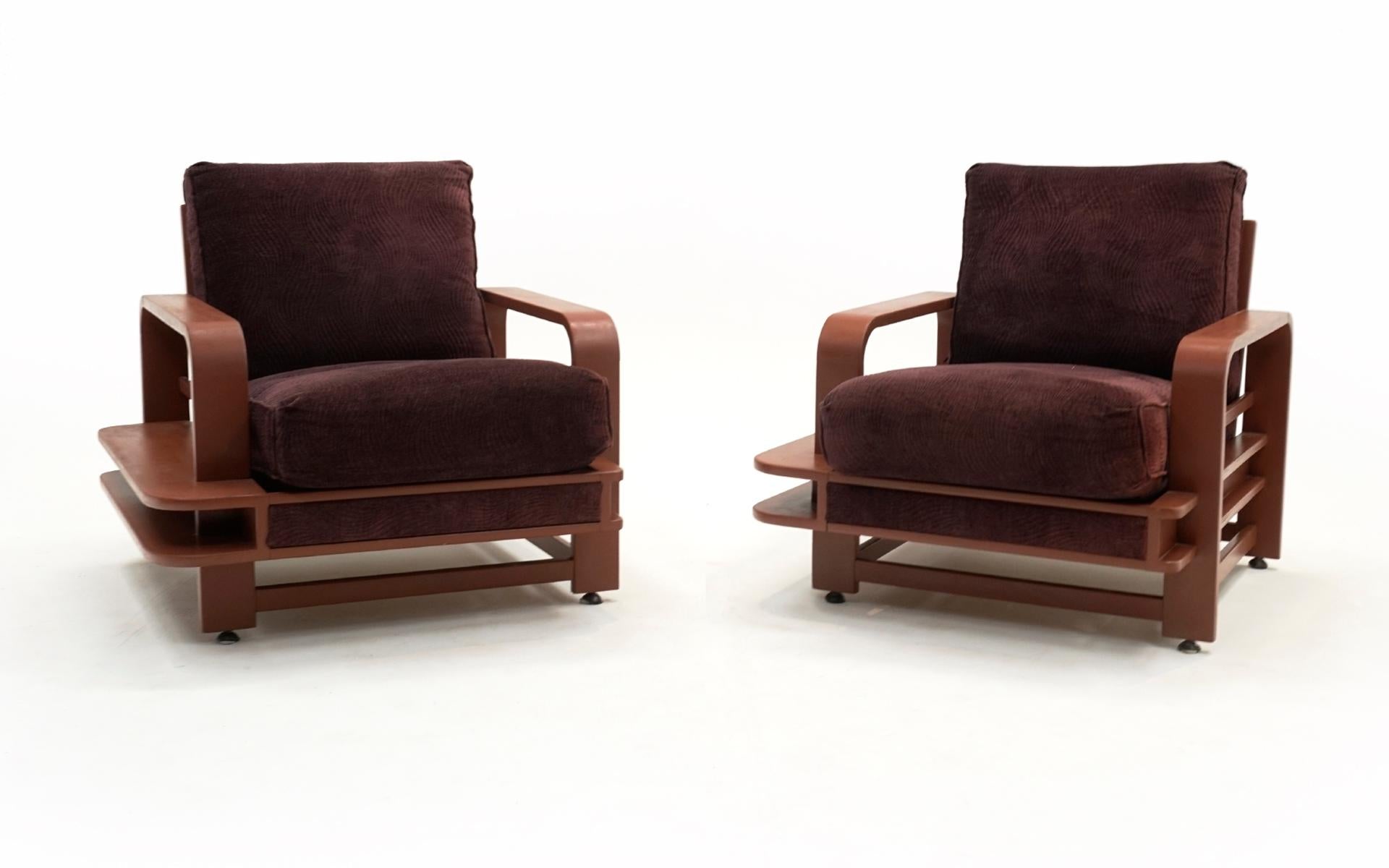 Rarely seen set of two Russel Wright (Russell Wright) large lounge chairs with wood shelf / bookshelf frames. Reupholstered in recent years. Very comfortable.