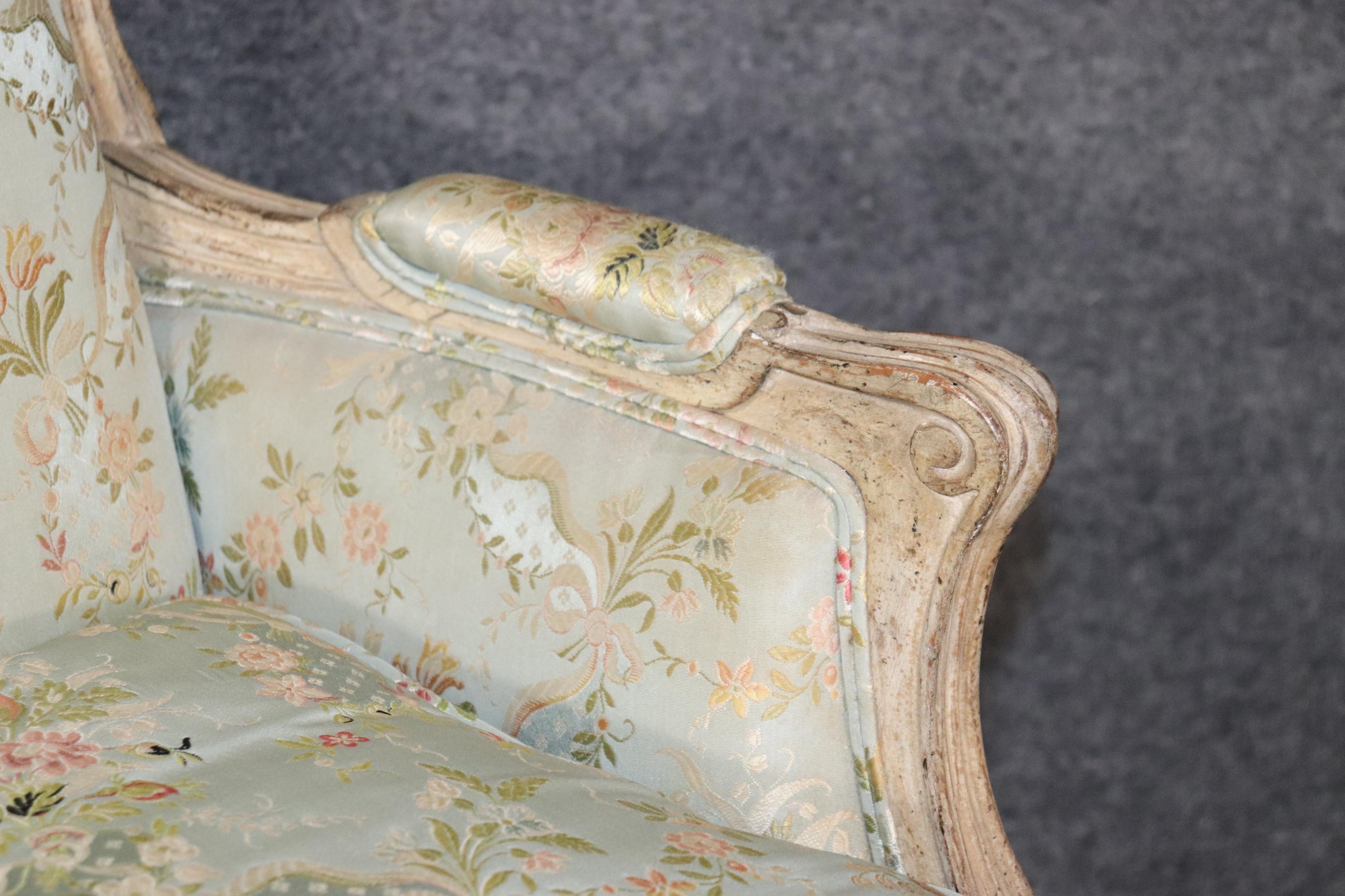 Rare Pair Signed Maison Jansen Distressed Painted French Louis XV Bergere Chairs 5