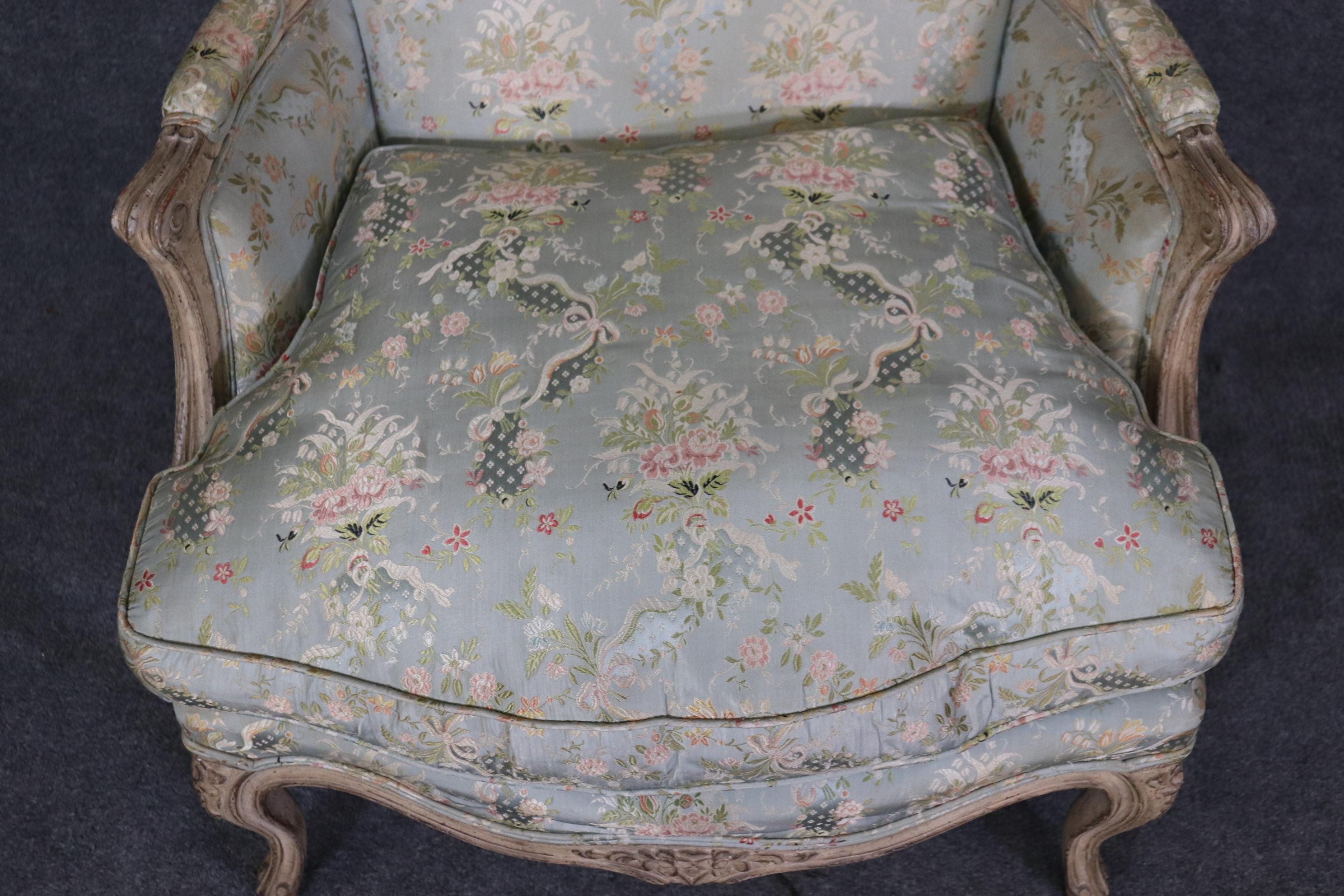 Rare Pair Signed Maison Jansen Distressed Painted French Louis XV Bergere Chairs 7