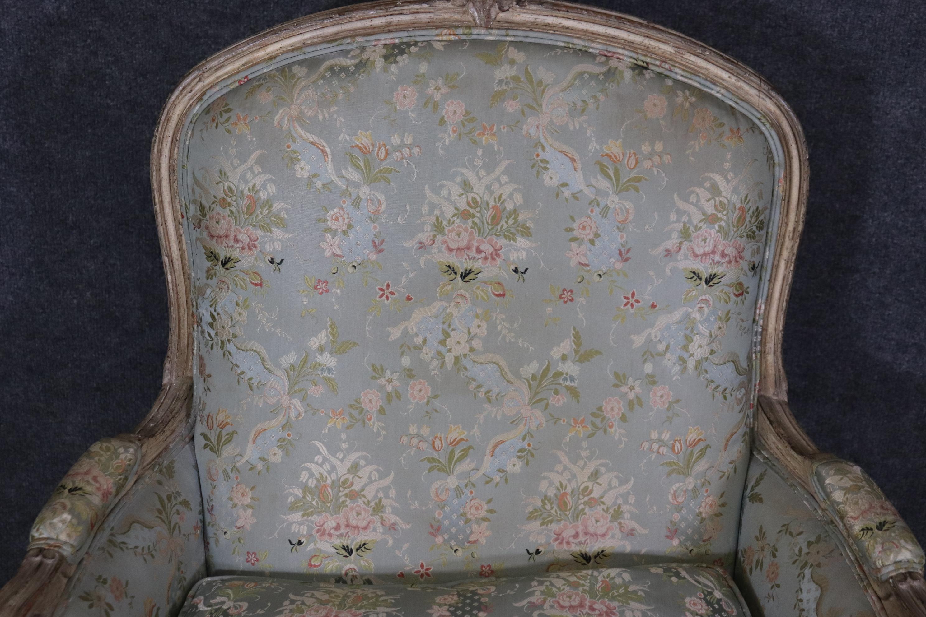 Rare Pair Signed Maison Jansen Distressed Painted French Louis XV Bergere Chairs 8
