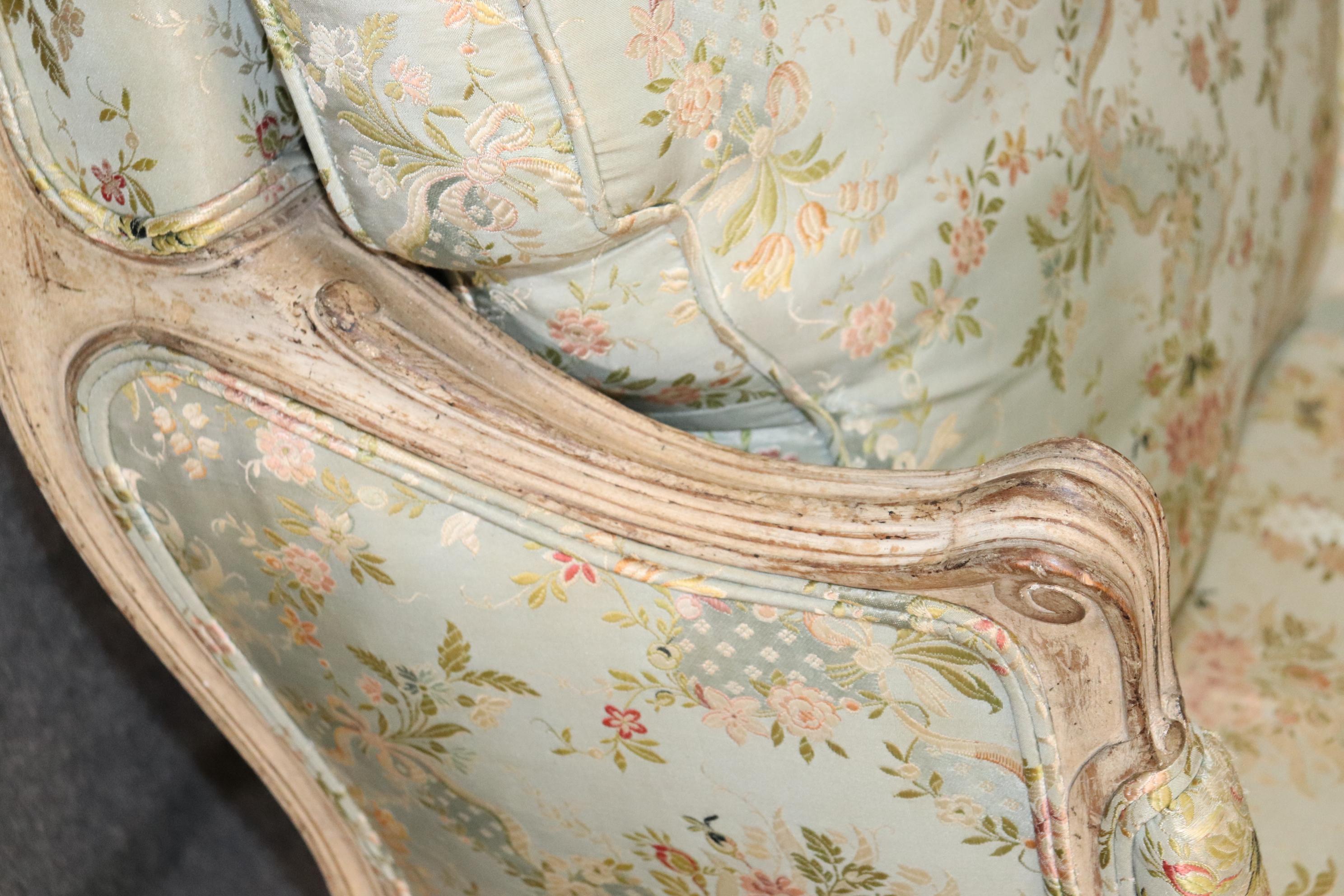 Rare Pair Signed Maison Jansen Distressed Painted French Louis XV Bergere Chairs 9