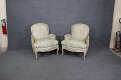 Rare Pair Signed Maison Jansen Distressed Painted French Louis XV Bergere Chairs