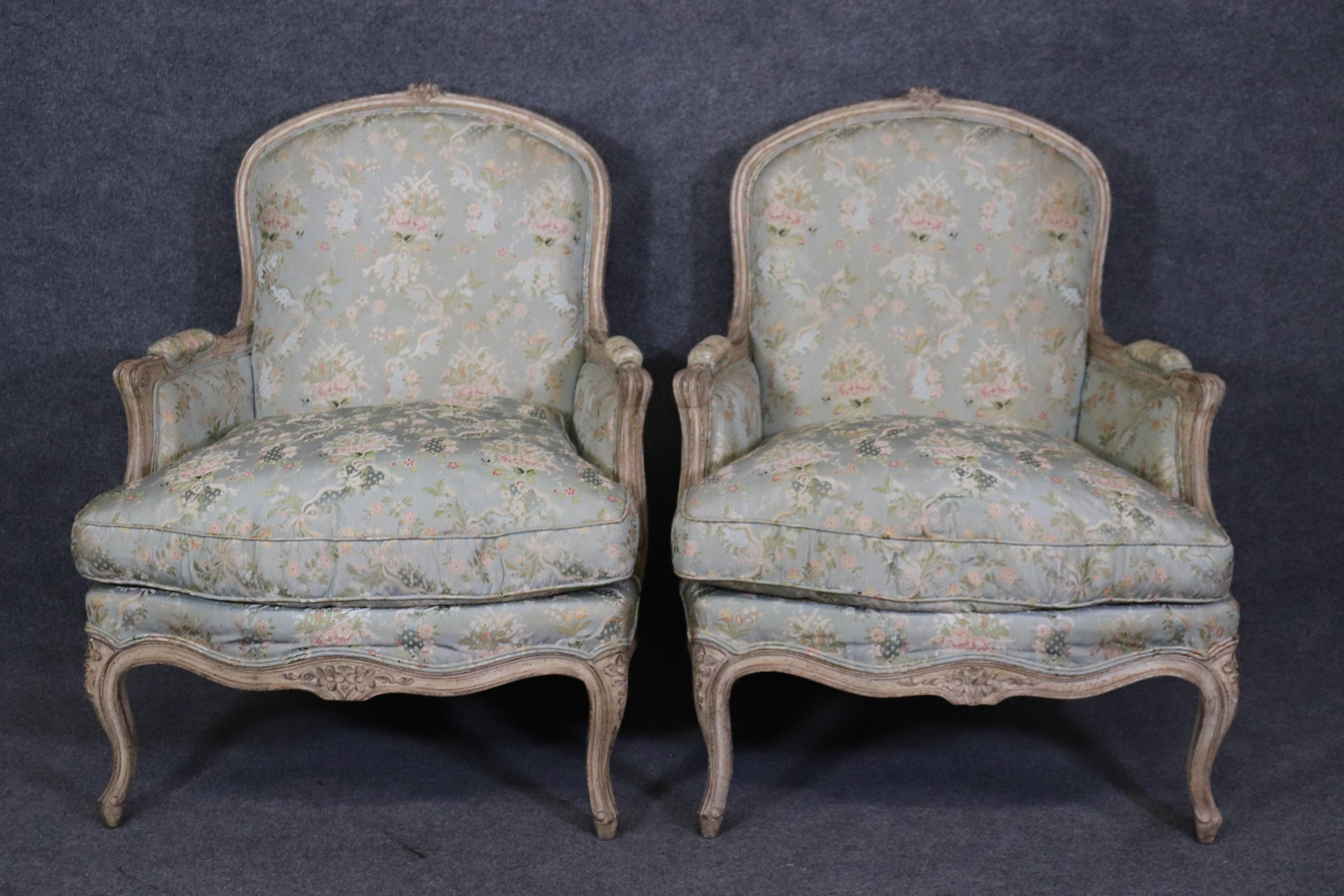 Mid-20th Century Rare Pair Signed Maison Jansen Distressed Painted French Louis XV Bergere Chairs