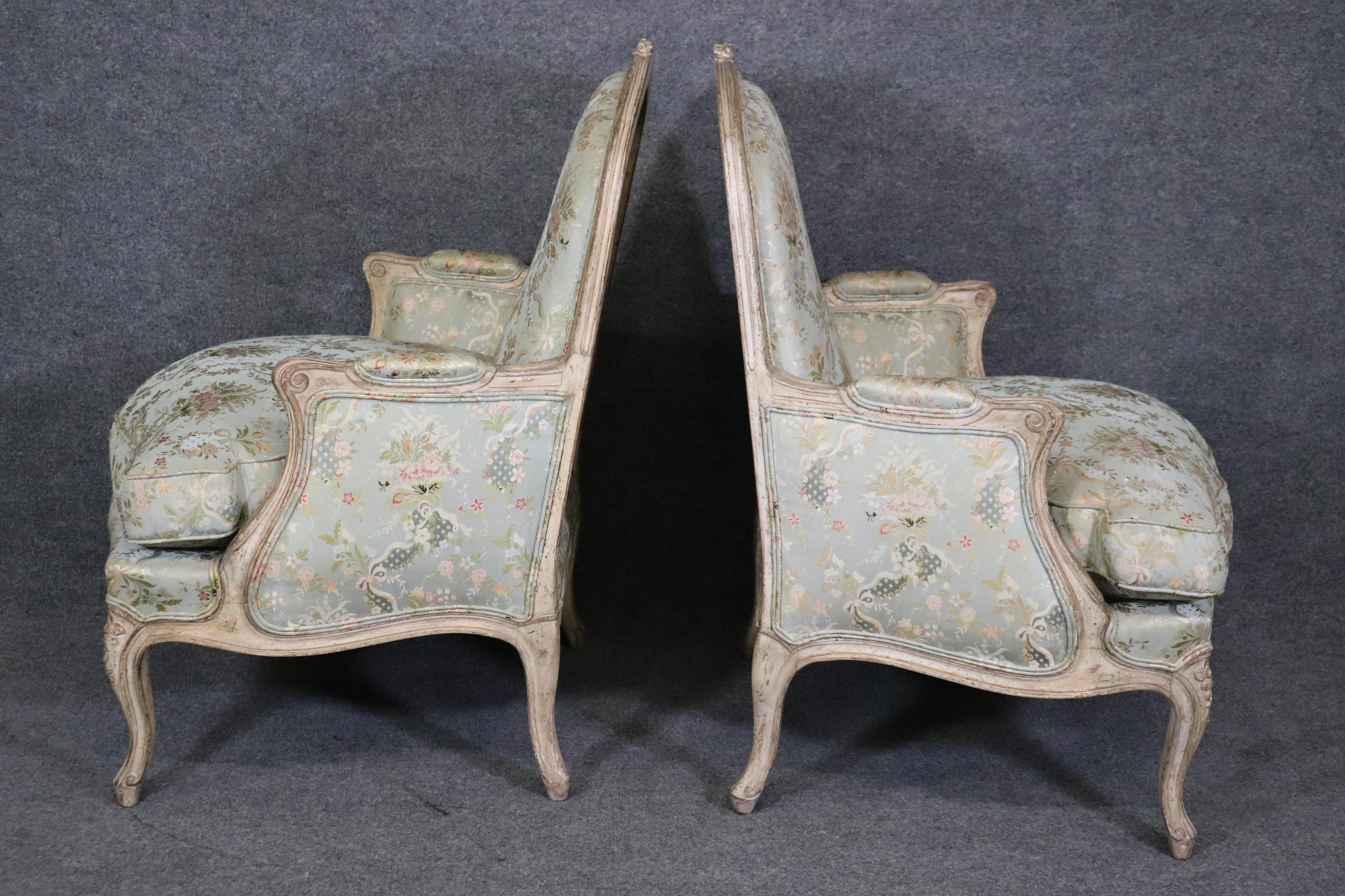 Walnut Rare Pair Signed Maison Jansen Distressed Painted French Louis XV Bergere Chairs