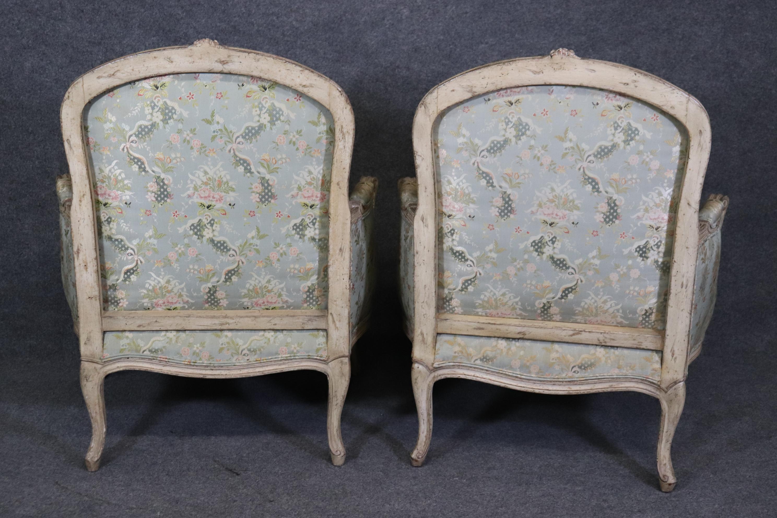 Rare Pair Signed Maison Jansen Distressed Painted French Louis XV Bergere Chairs 1