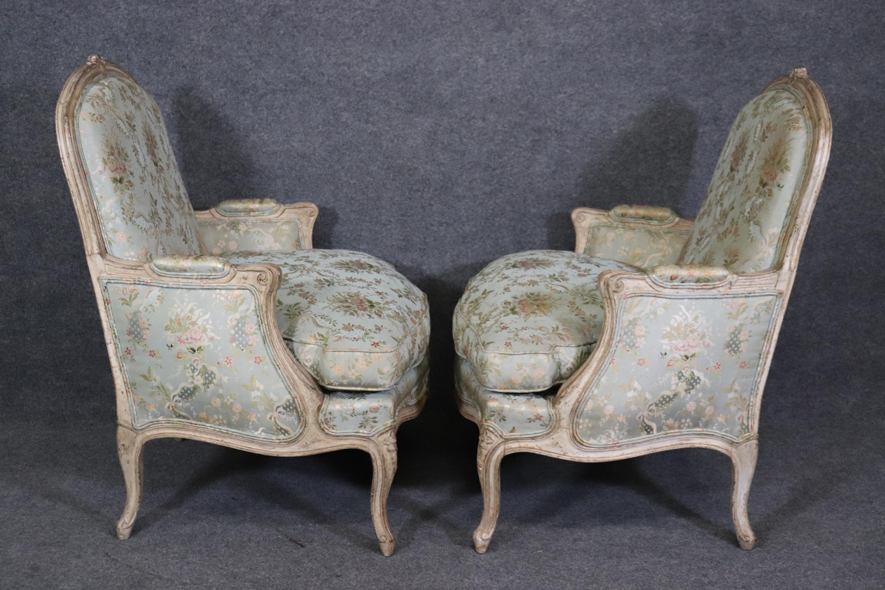 Rare Pair Signed Maison Jansen Distressed Painted French Louis XV Bergere Chairs 2